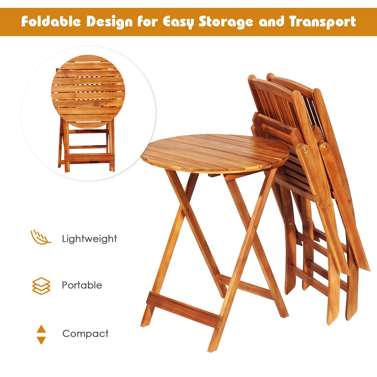 Giantex 3-Piece Patio Bistro Set - Wooden Folding Table with 2 Cushioned Chairs, Outdoor Garden Furniture for Yard, Deck, or Balcony - Natural & Red Wood Finish - Perfect for Small Spaces, Morning Coffee, and Outdoor Dining