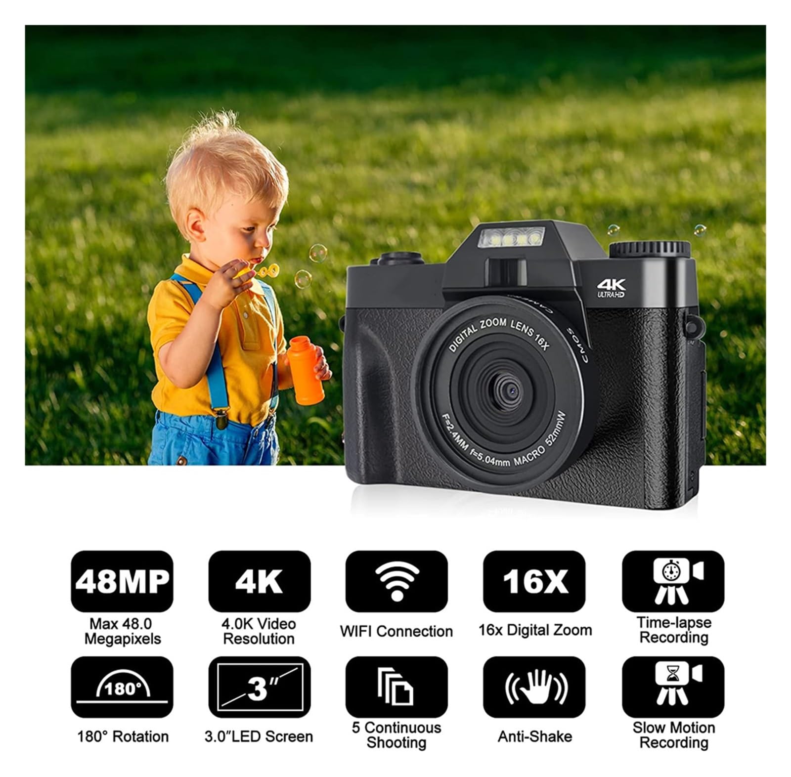 48MP Vlogging Camcorder with 180° Flip Screen & Wide Angle Lens - Perfect for YouTube & Travel Vlogging