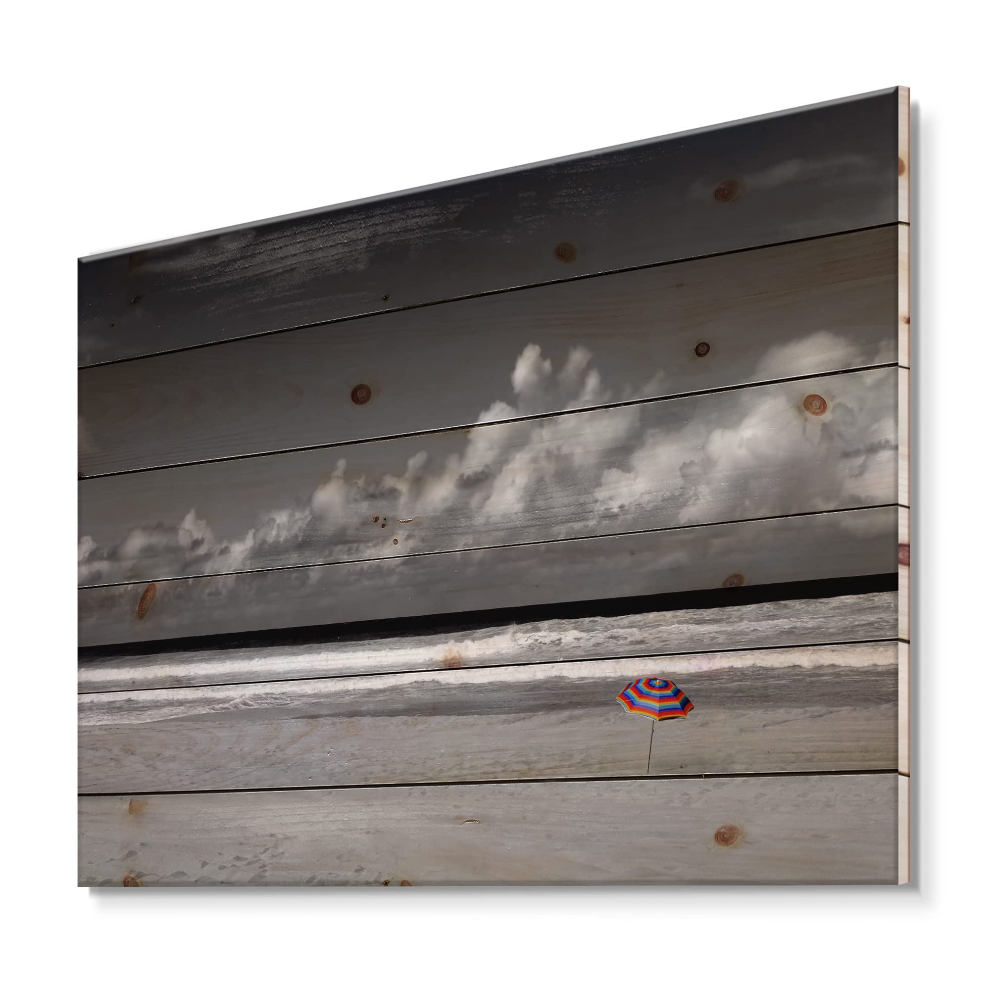 DesignQ Monochrome Coastline Under Cloudy Sky Lake House Wood Wall Decor - Grey Wood Wall Art - Large Landscape Wood Panels Printed on Natural Pine - Perfect for Living Room, Bedroom & Office Decor