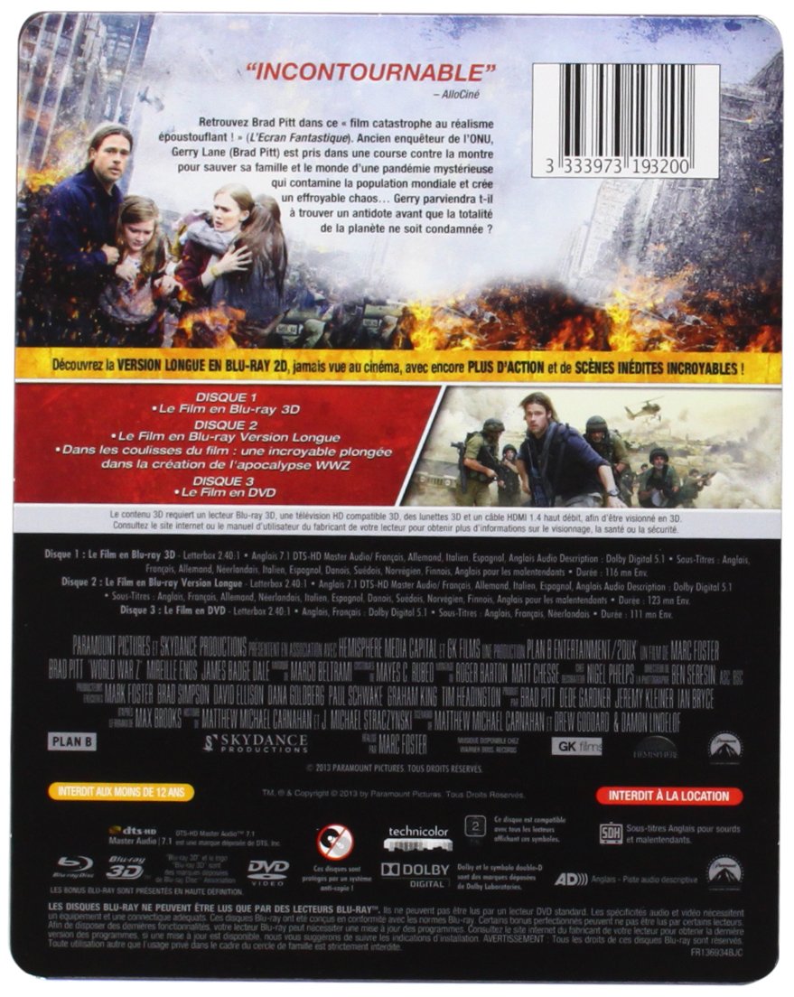 World War Z Limited Edition SteelBook Blu-ray 3D - Action-Packed Zombie Thriller for Movie Night & Collector's Display