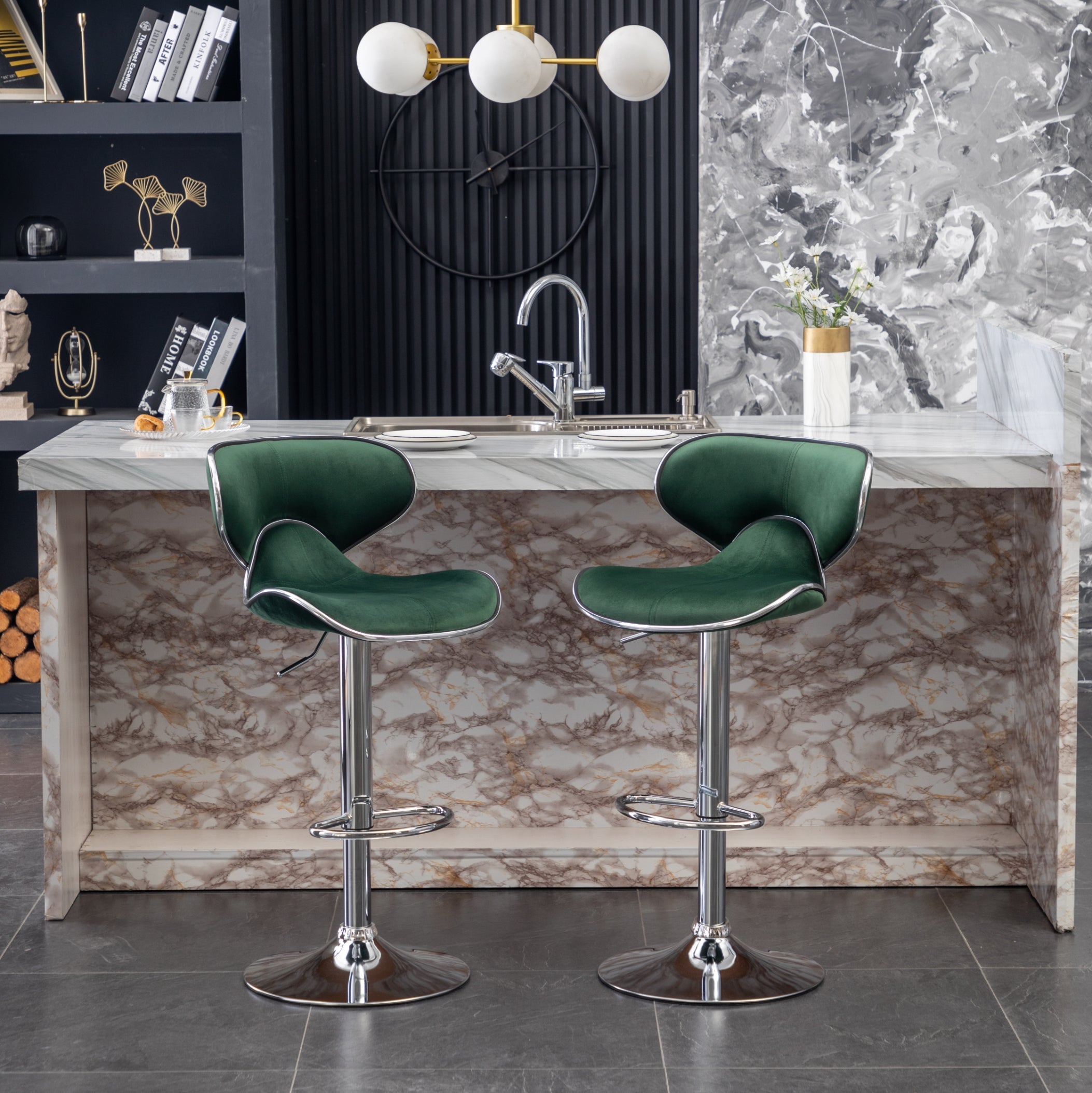 Roundhill Furniture Masaccio Velvet Adjustable Swivel Bar Stool - Set of 2, Green Upholstered Counter Height Stools for Kitchen Island, Bar & Breakfast Nook