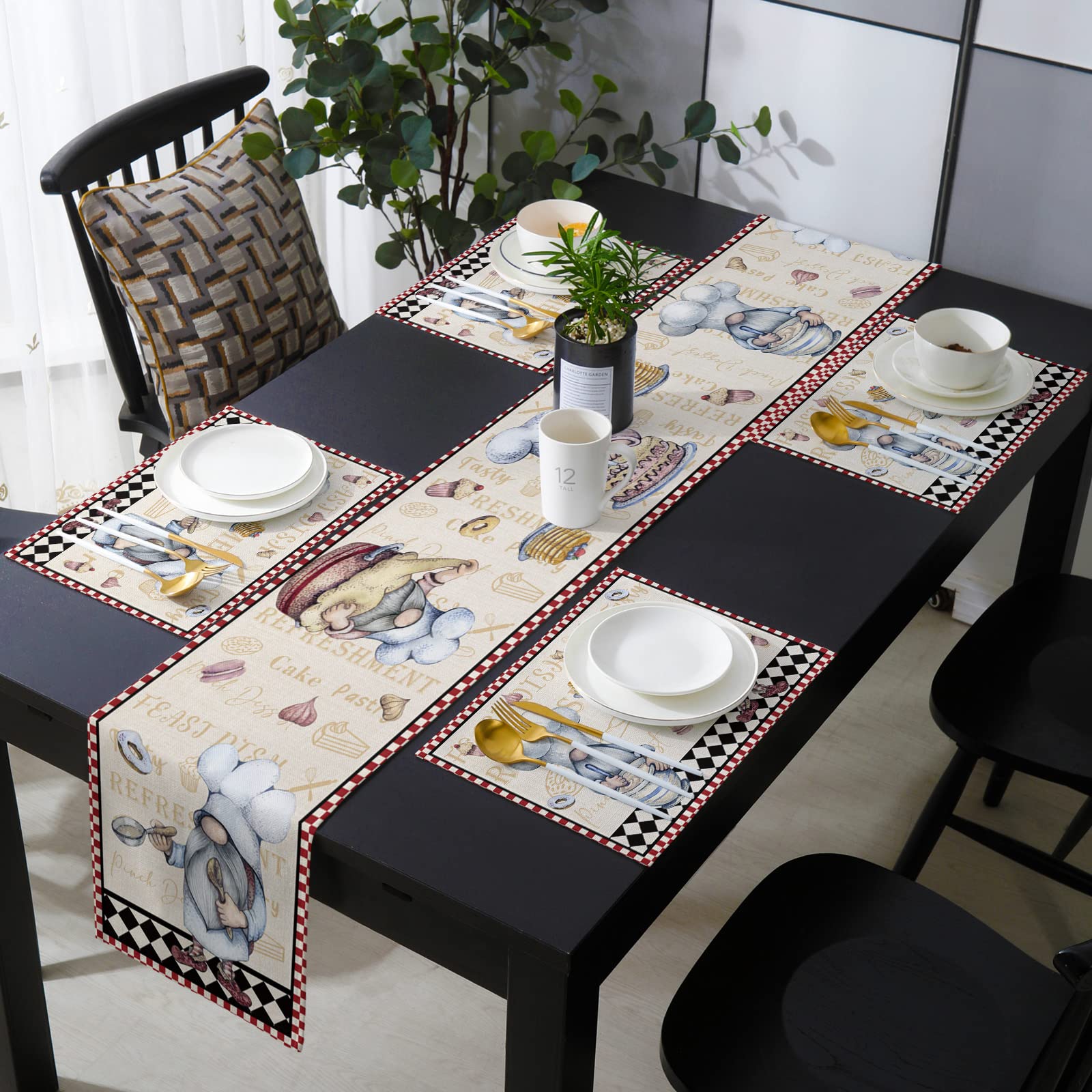 Fat Chef Table Runner Set with 4 Placemats - 13x90 Inch Checkered Black White Red Plaid Kitchen Decor - Machine Washable for Indoor & Outdoor Dining, Parties, and Holiday Decorations