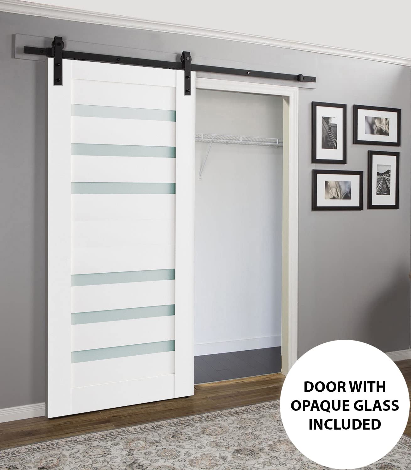 30 x 96 Inch Frosted Glass Barn Door with White Silk Quadro 4266 Finish | 6.6FT Top Mount Rail & Heavy Duty Hangers Hardware Set | Solid Panel Interior Sliding Door for Bedroom, Closet, or Living Room Partition