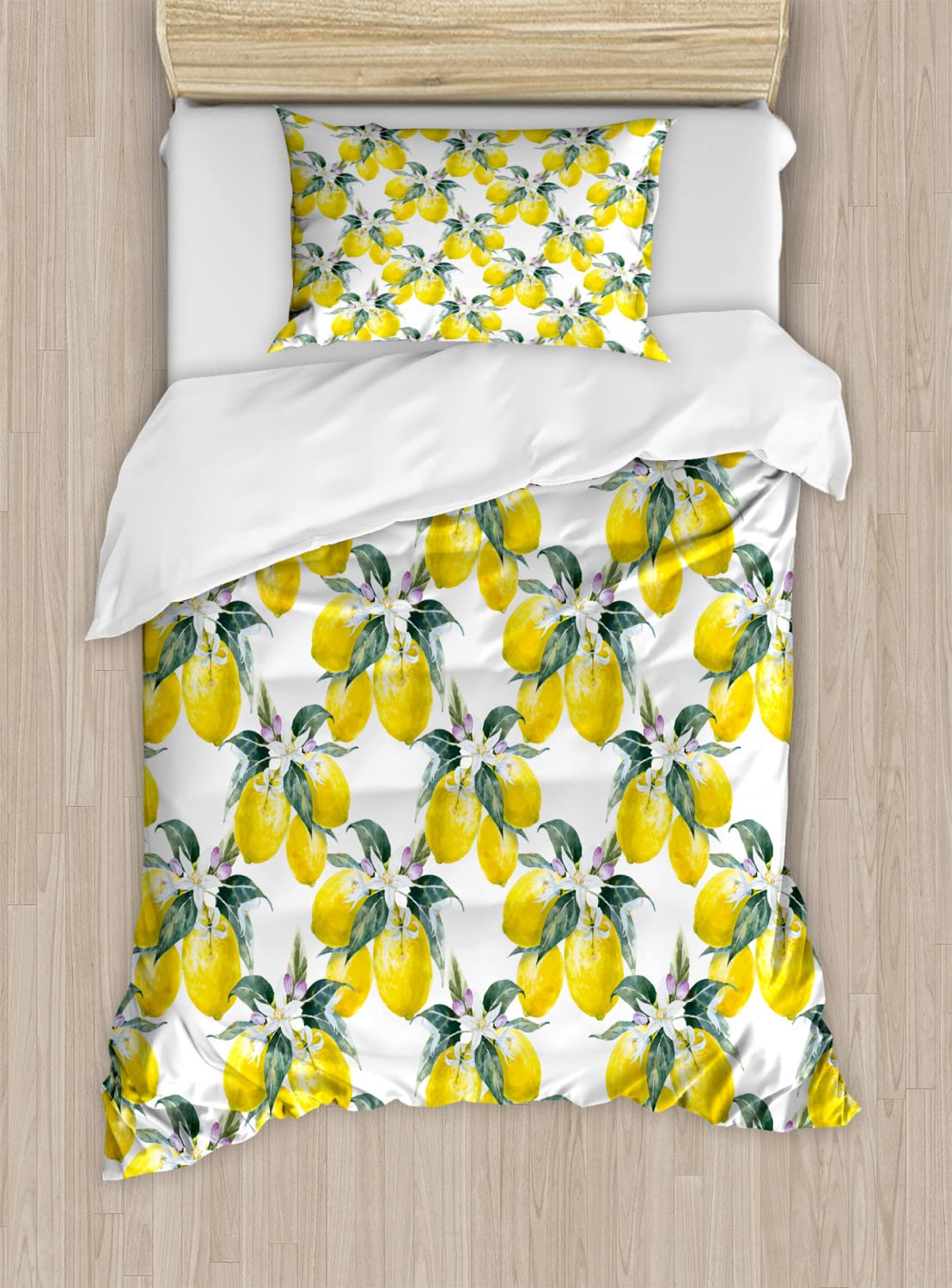 Ambesonne Bohemian Duvet Cover Set - 2 Pack Twin Size, Reseda Green & Yellow with Lemon Flower Print, Earthy Summer Boho Bedding (2 Duvet Covers + 2 Pillowcases) | Perfect for Guest Rooms, Dorm Decor & Seasonal Bedroom Refresh
