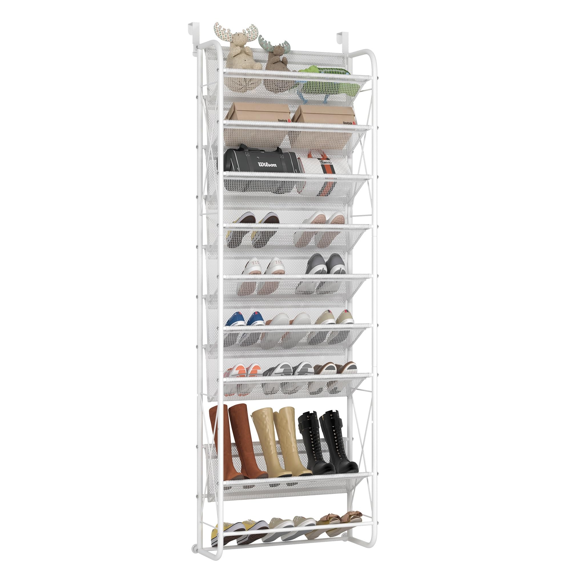 JSB 10-Tier Over The Door Shoe Organizer - Mesh Fabric Hanging Storage for Shoes, Clothes & Toys - Space Saving X-Structure Design - Perfect for Closet, Pantry & Bedroom (Matte White)