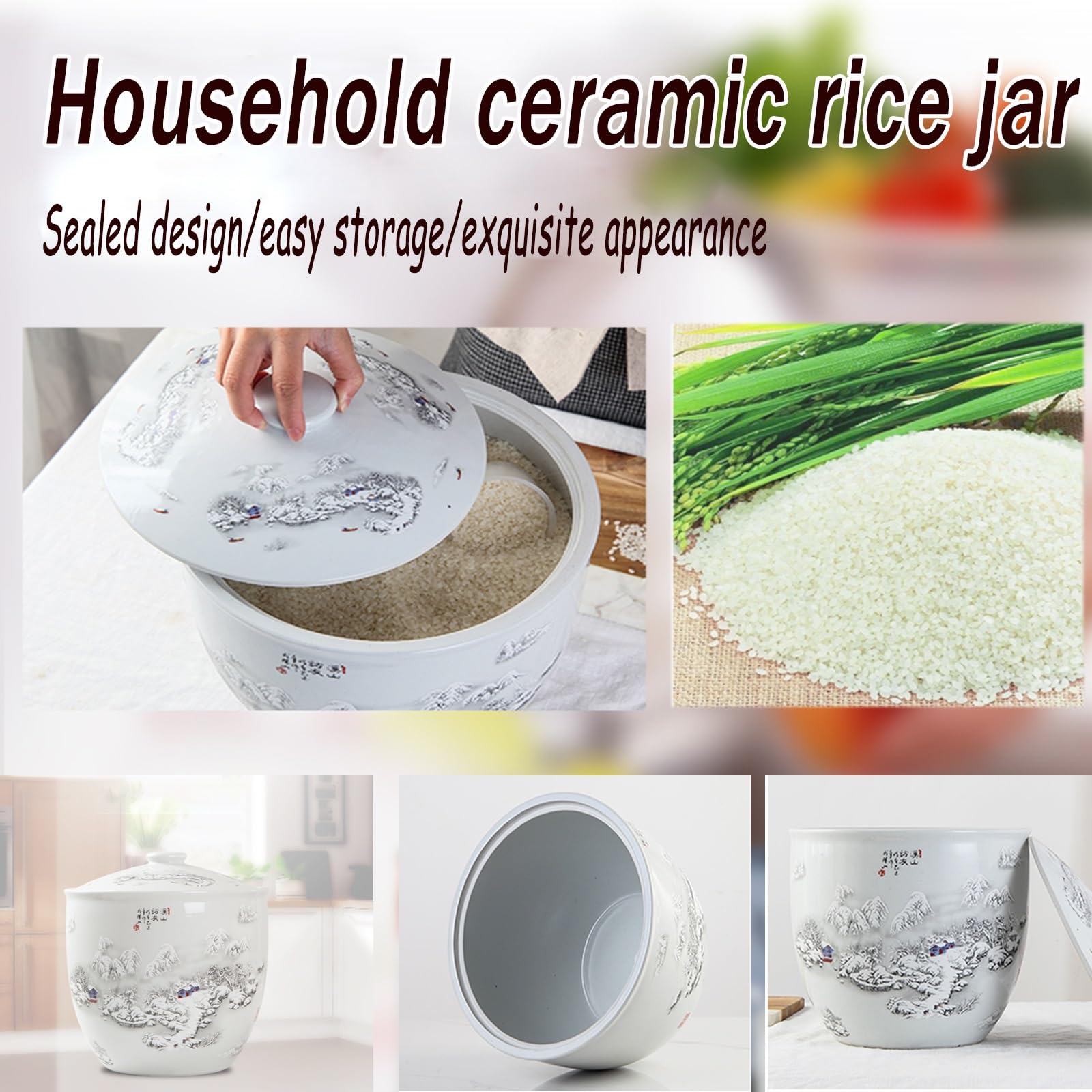 Premium Ceramic Rice Storage Jar with Lid - Airtight Food Container for Rice, Grains & Spices - Elegant Chinese Style Decorative Kitchen Canister - Perfect for Pantry Organization & Countertop Display