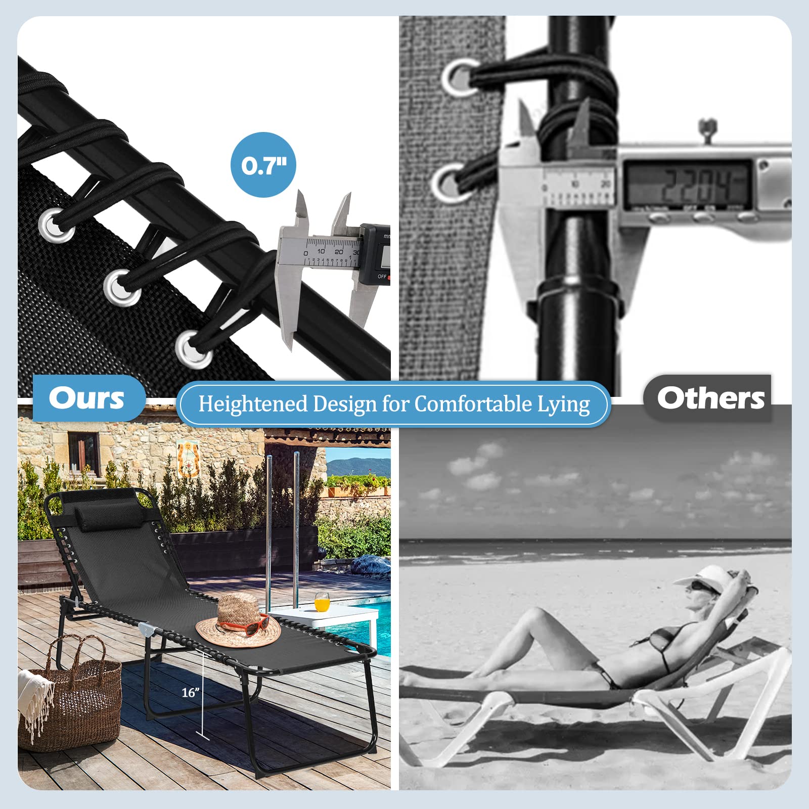 Gymax Outdoor Lounge Chair - Extra Tall Folding Beach Chair with 4-Position Adjustable Backrest, 2-Level Footrest & Removable Pillow - Perfect for Sunbathing, Poolside Relaxation, Patio & Lawn Use (Black)