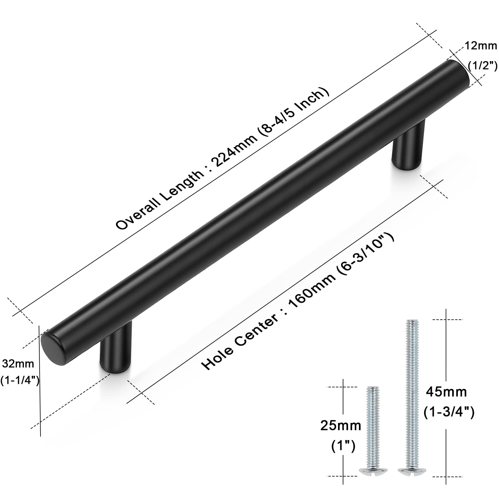 20 Pack Flat Black Modern Cabinet Pulls - Stainless Steel T Bar Dresser Handles for Kitchen Cabinets & Cupboards (6-1/3