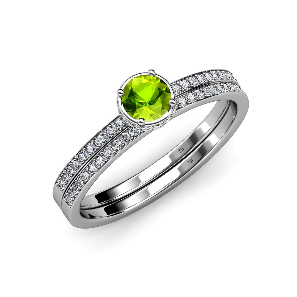 1.00 Carat Peridot & Diamond Halo Engagement Ring and Wedding Band Set in 14K White Gold - Perfect for Proposals, Anniversaries & Bridal Jewelry