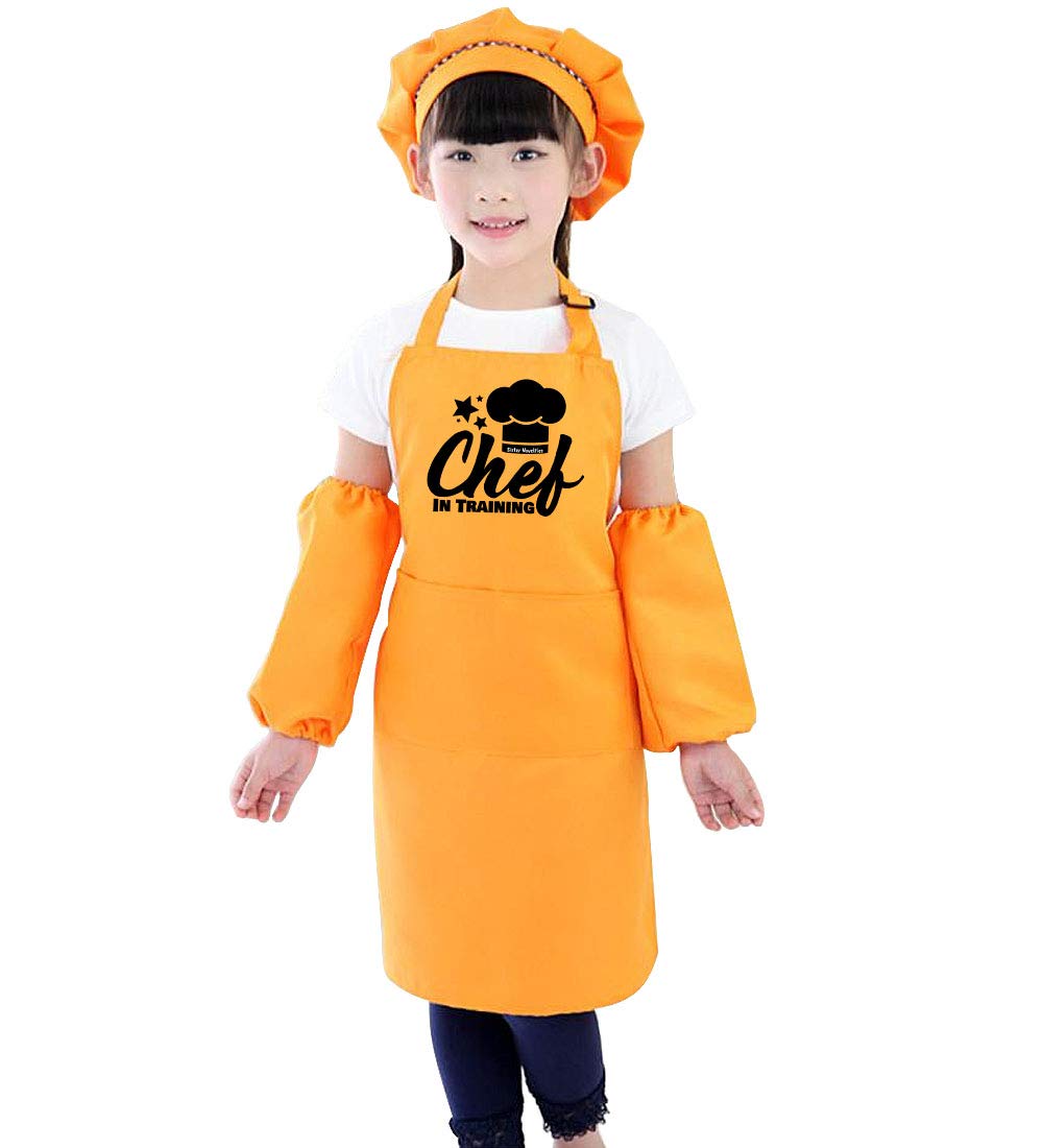 **Unicorn Rainbow Kids Kitchen Apron Set with Chef Hat & Recipe Cards - Fun Baking & Cooking Play Set for Boys & Girls - Perfect for Pretend Play, Birthday Gifts & Family Cooking Activities (Orange-Black)**