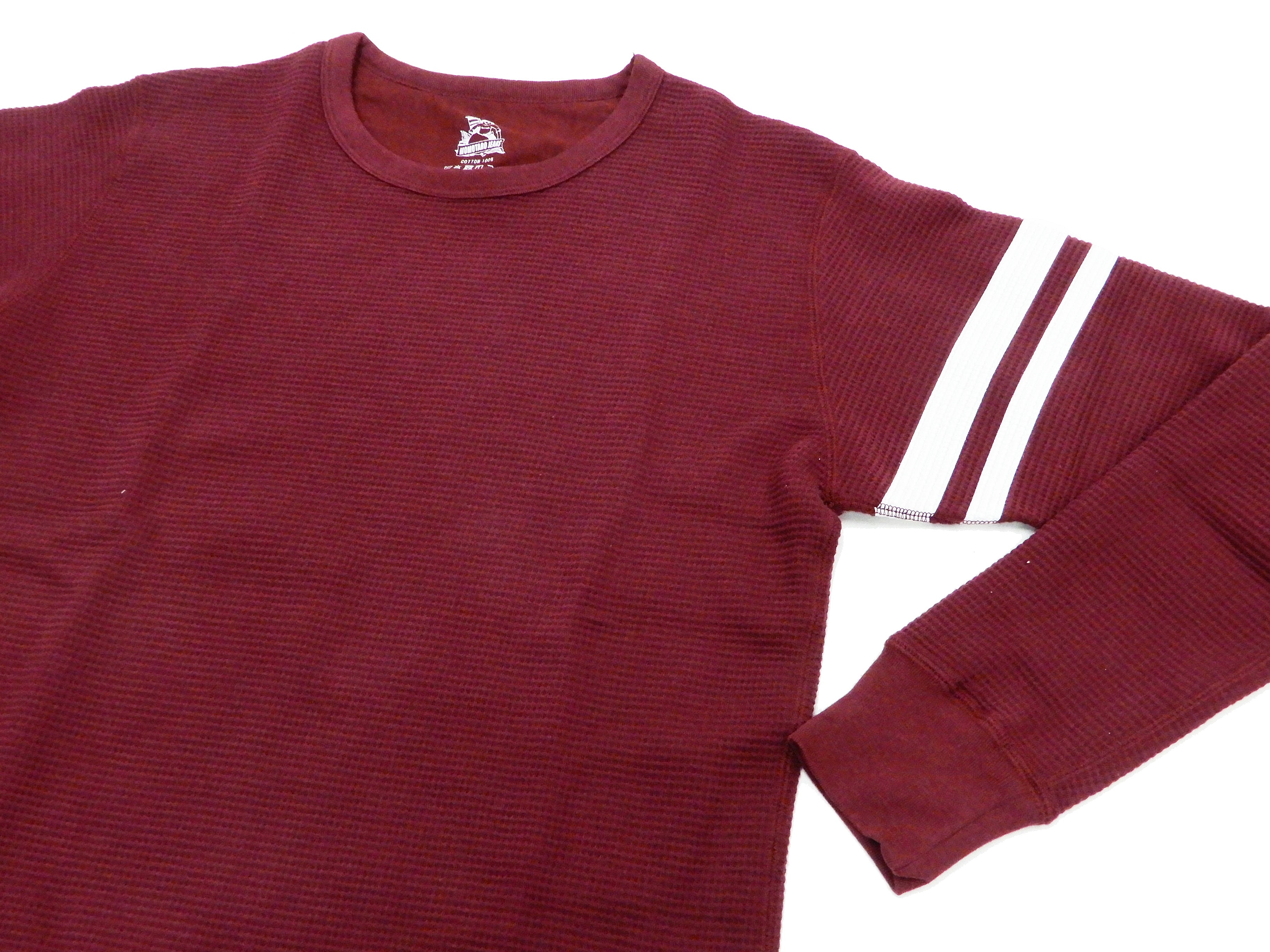 Momotaro Jeans Men's Long Sleeve Waffle Knit Thermal Shirt - Striped Burgundy Pullover (MZTS0079) | Warm Winter Layering & Casual Outfit Essential