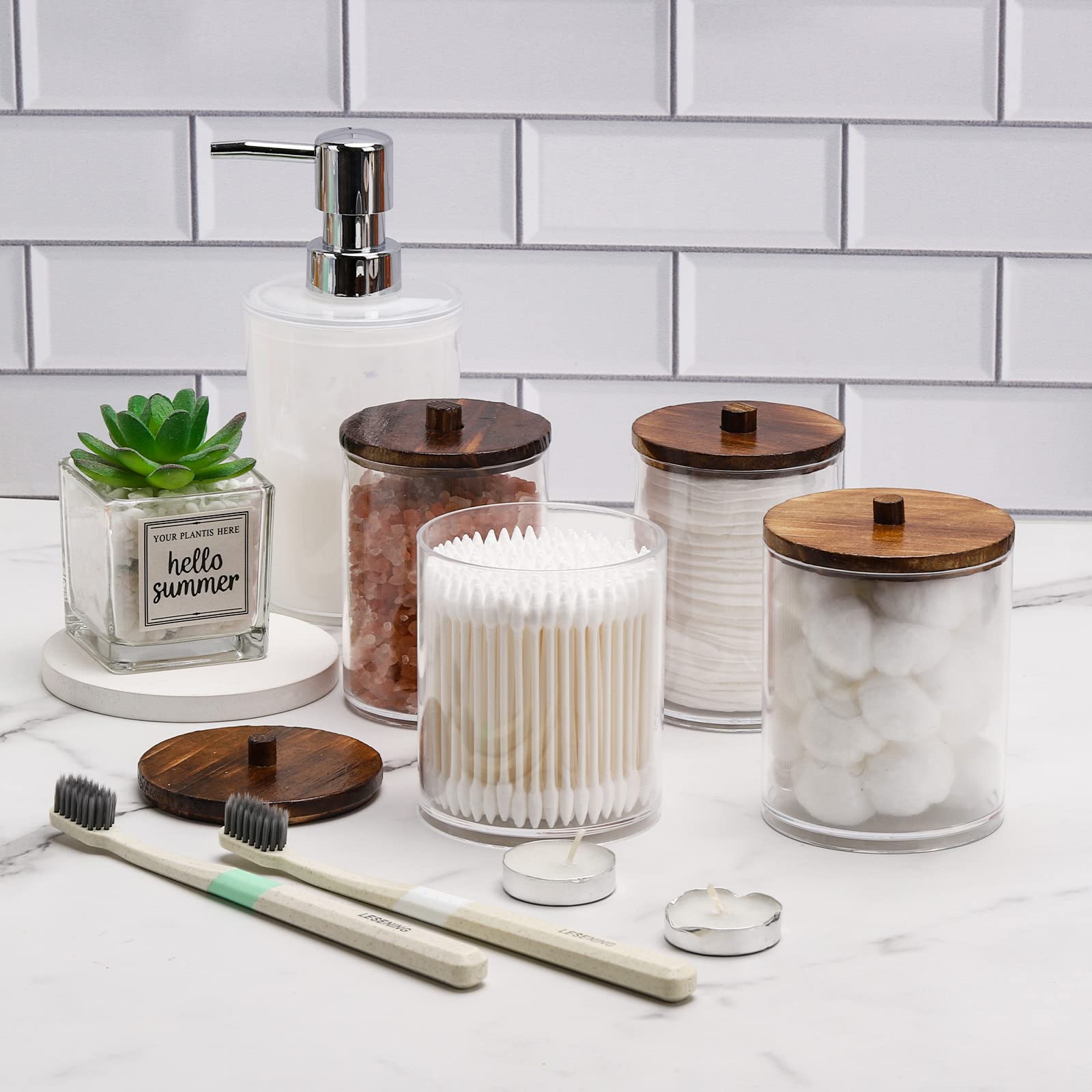 Tbestmax 4-Pack Clear Plastic Apothecary Jars with Brown Wood Lids - 12oz & 10oz Cotton Swab Holder Dispenser for Q-Tips, Cotton Balls & Dental Floss - Bathroom Organizer & Storage Containers for Countertop Vanity, Makeup Brushes & Beauty Essentials