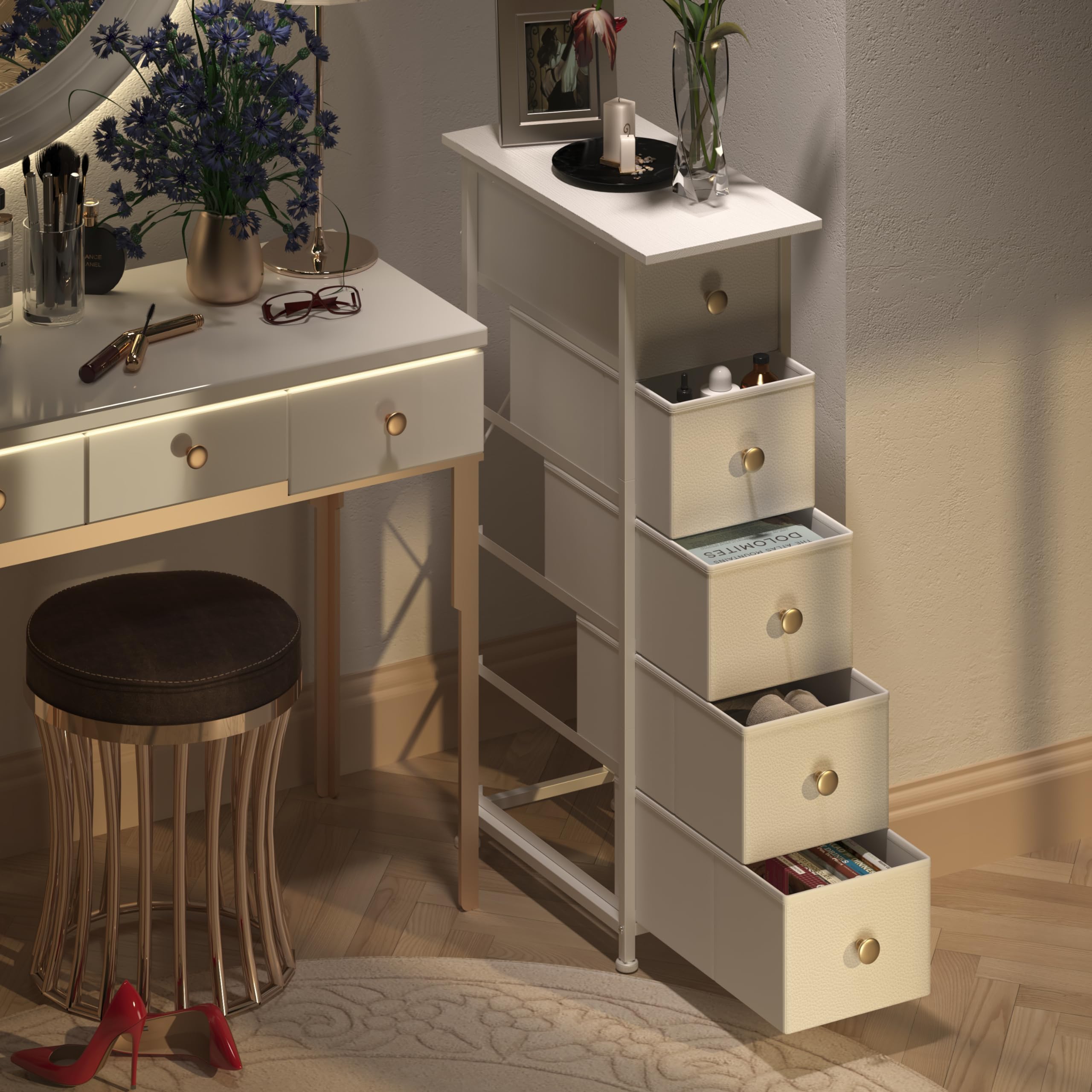 Narrow Vertical Slim Dresser Cabinet - 5 Drawer Skinny Storage Tower for Small Spaces, Gaps, Closet, Bedroom & Bathroom | Space-Saving Fabric Drawer Unit (White) | Perfect for Apartments, Dorms & Tiny Homes
