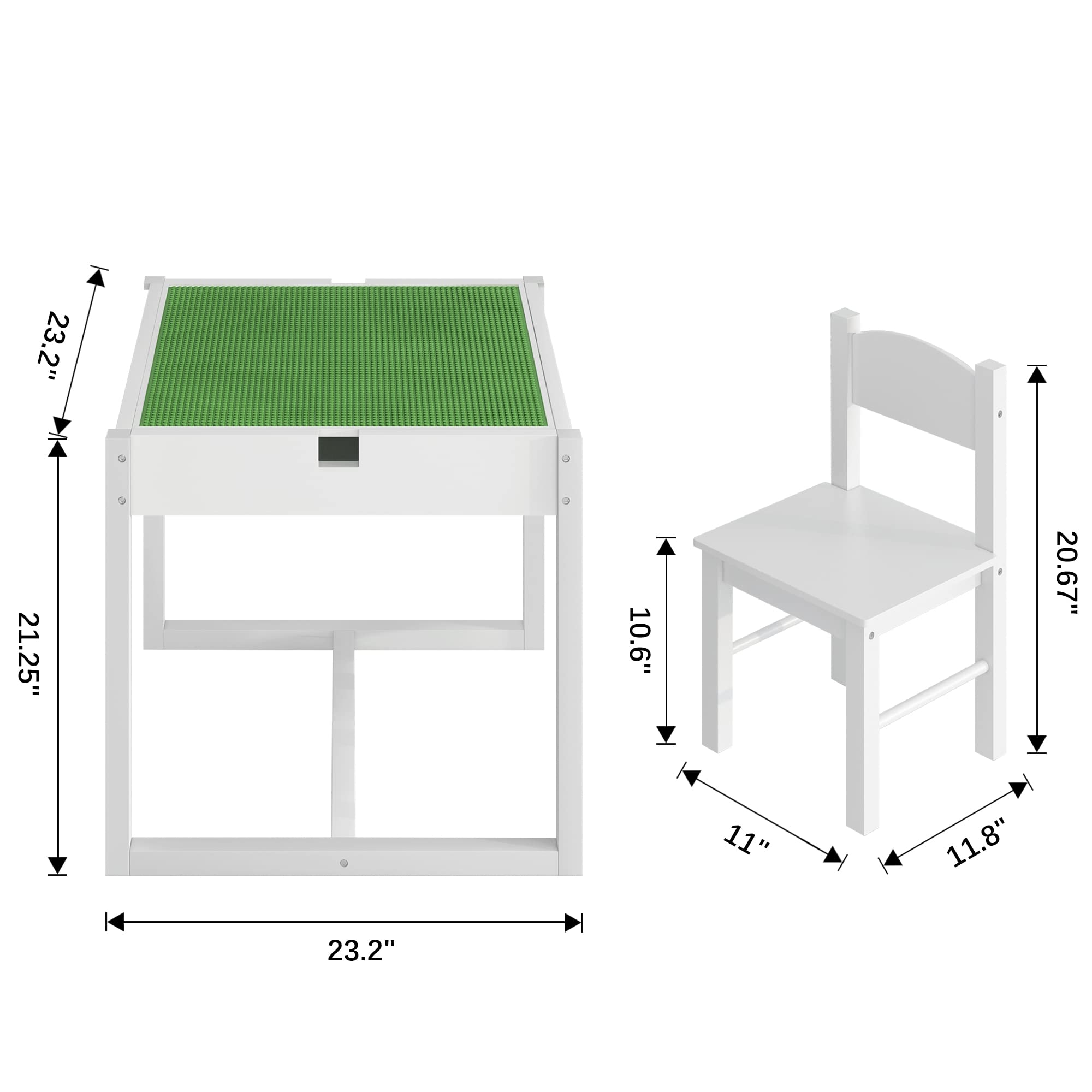 4NM 3-in-1 Kids Table and Chairs Set for Toddlers Ages 3-7 - Wooden Play Activity Table with Hidden Storage, Building Block Desk - White & Green - Perfect for Playroom, Preschool Learning, and Creative Activities