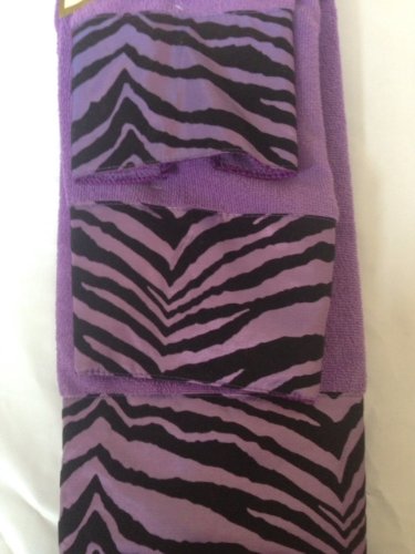 3 Piece Bath Towel Set - Soft Absorbent Black & Purple Zebra Print Hand Towel and Bath Towel for Spa, Bathroom, and Guest Room Decor