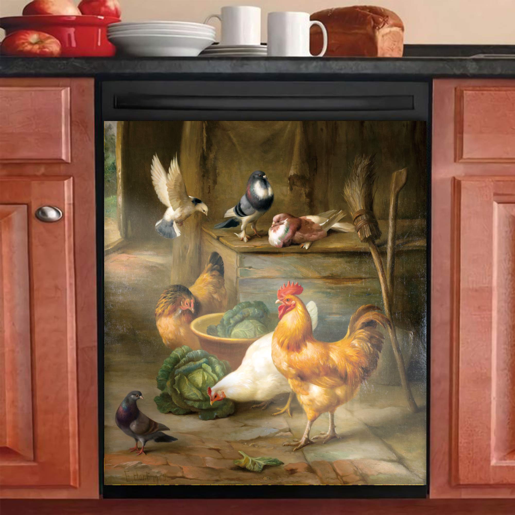 Farmhouse Rooster Chicken Hen Dishwasher Cover Decorative Sticker - 23x17 Inch Magnetic Kitchen Decor Panel for Dishwasher, Refrigerator & Appliances - Rustic Country Farmhouse Style Decal for Home, Kitchen & Cabin Decor