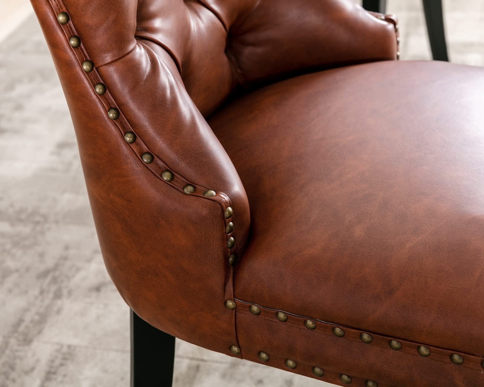 CIMOTA Set of 2 Brown Leather Dining Chairs - Mid Century Modern Tufted Upholstered Kitchen Chairs with Nailhead Trim & Ring Back (PU Leather, 2-Piece Set) - Perfect for Dining Room, Kitchen, Breakfast Nook & Home Office