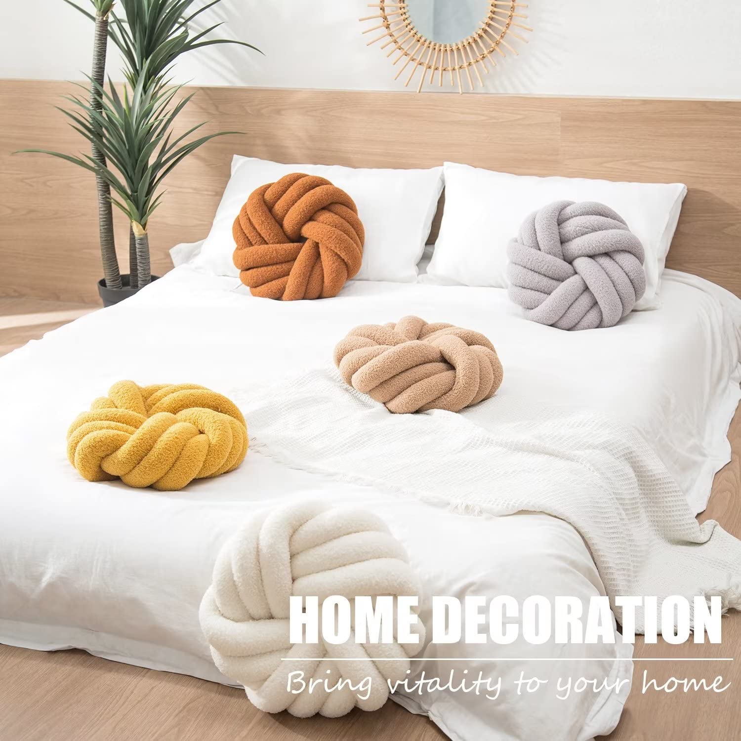 Handmade White Knotted Round Throw Pillow - 14 Inch Plush Knot Decorative Cushion for Couch, Bed & Living Room | Cozy Floor Pillow for Home Decor & Relaxation