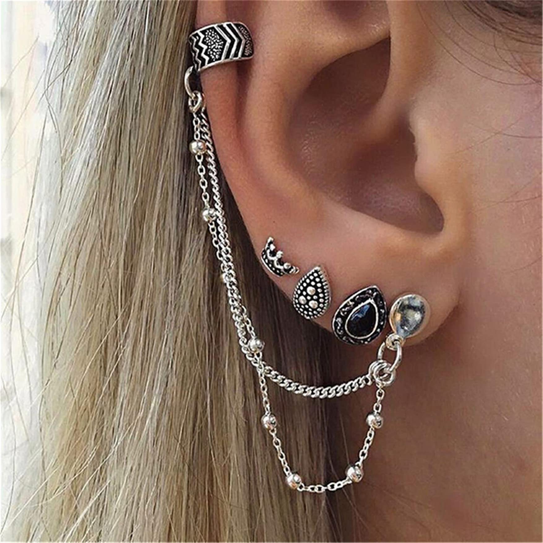 FENGGUO Women's Chain Cuff Earrings - Dangle Clip On Helix Cartilage Ear Wraps for Girls, Christmas Jewelry Gift for Her - Perfect for Parties, Dating & Special Occasions