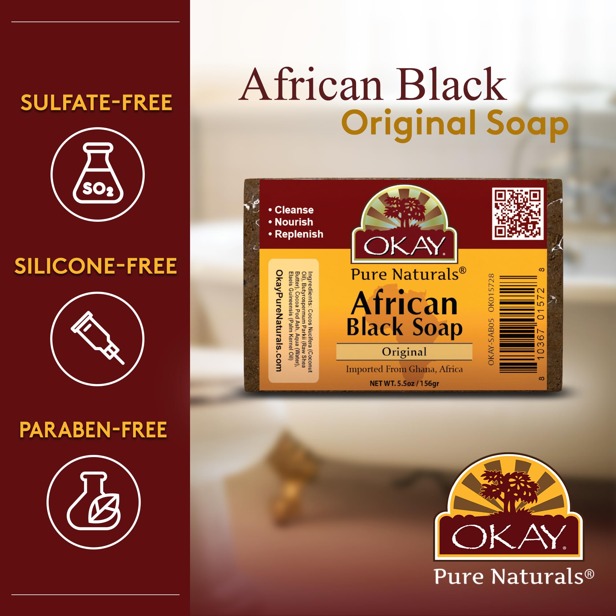 Okay African Black Soap - 5.5 oz | Natural Skin Cleansing Bar for Acne, Eczema & Dark Spots | Perfect for Face & Body Care Routine