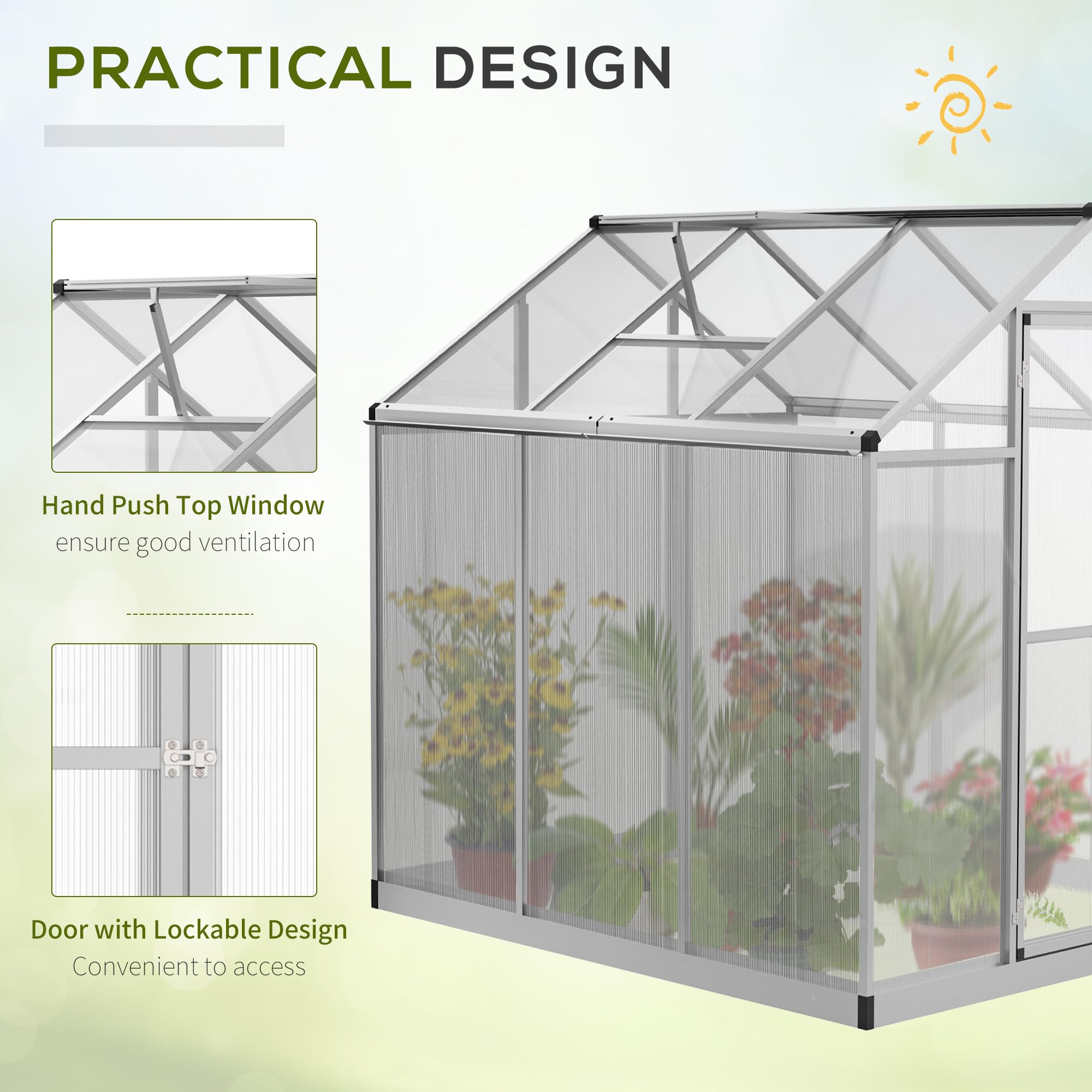 Outsunny 6x6 FT Polycarbonate Greenhouse with Rain Gutter & Roof Vent - Aluminum Walk-in Garden Greenhouse for Outdoor Patio, Backyard, Balcony - Perfect for Growing Vegetables, Herbs & Flowers Year-Round