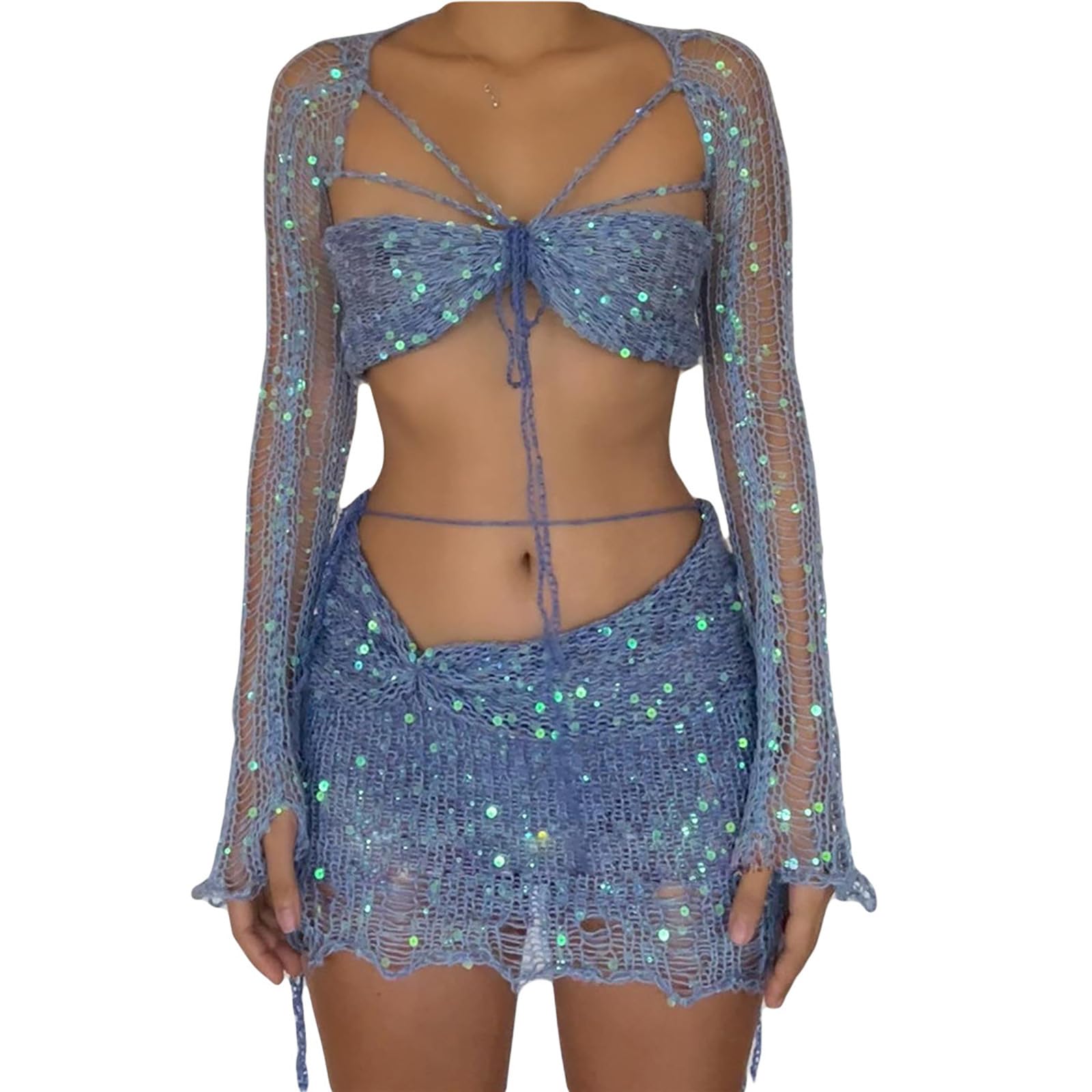 Women's Sexy Sequin Eyelet Crochet Swimsuits Cover Up Sets - Hawaiian Beach Lounge Matching Bikini & Skirt Outfit for Summer Vacations, Pool Parties & Tropical Getaways