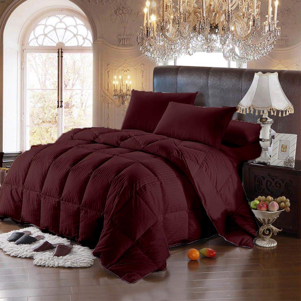 Premium 100% Cotton 500 GSM Striped Comforter Set with 2 Pillowcases - Cal King/King Size, Winter Warm Fluffy & Soft Box Stitched Bedding - Burgundy (3 PC) | Cozy Home Decor for Master Bedroom, Guest Room & Dorm