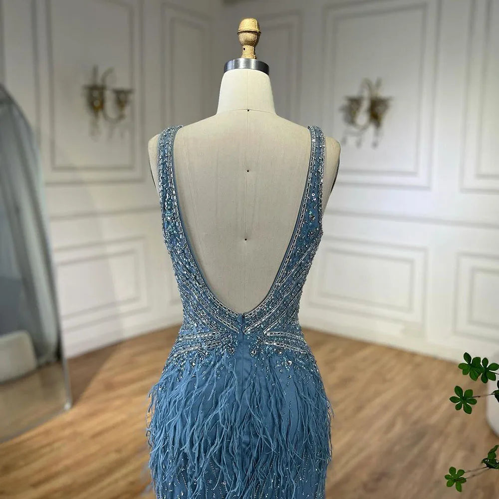 Elegant Gold Mermaid Evening Dress with High Slit & Feather Details - Backless Beaded Gown for Women - Perfect for Prom, Gala, and Red Carpet Events