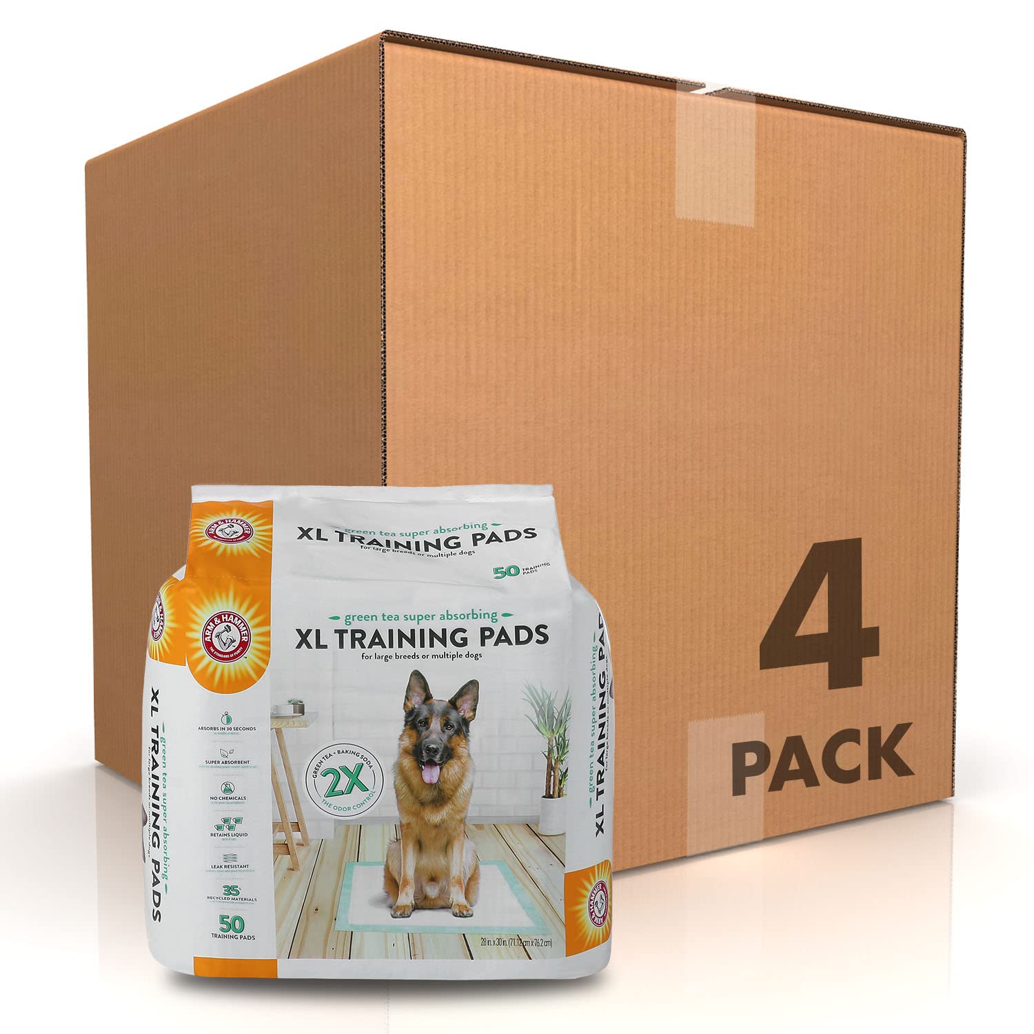 Arm & Hammer Green Tea Scented Dog Training Pads - 200 Count Super Absorbent Puppy Pads with Baking Soda for Double Odor Control | Leakproof XL Pet Training Mats (White) | Ideal for Housebreaking, Crate Training & Senior Dogs