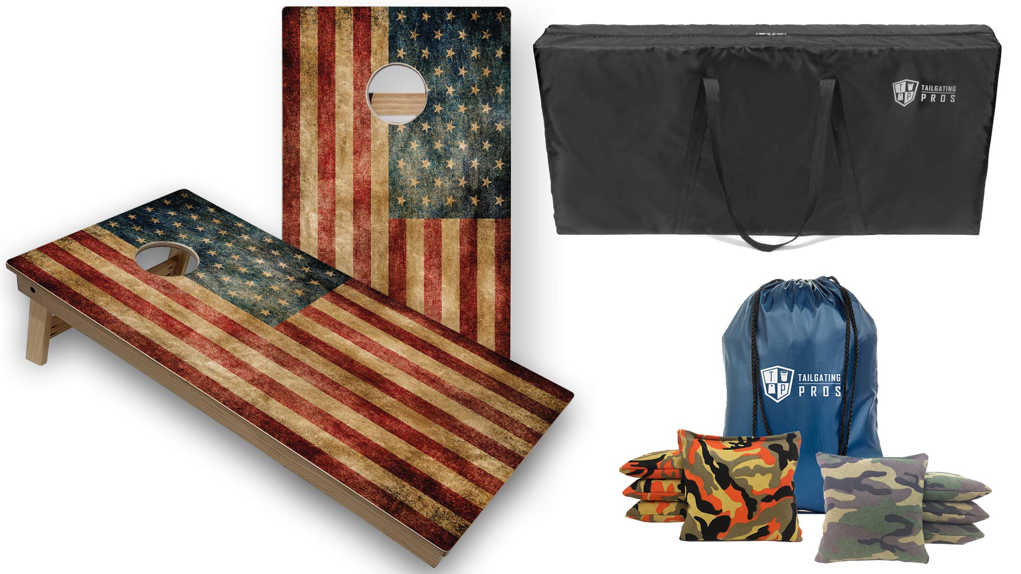 Tournament Grade Cornhole Game Set - 2 Professional 4'x2' Distressed Flag Cornhole Boards, 8 Bags & Carrying Case (LED Lights Optional) - Perfect for Backyard Parties, Tailgating & Outdoor Events