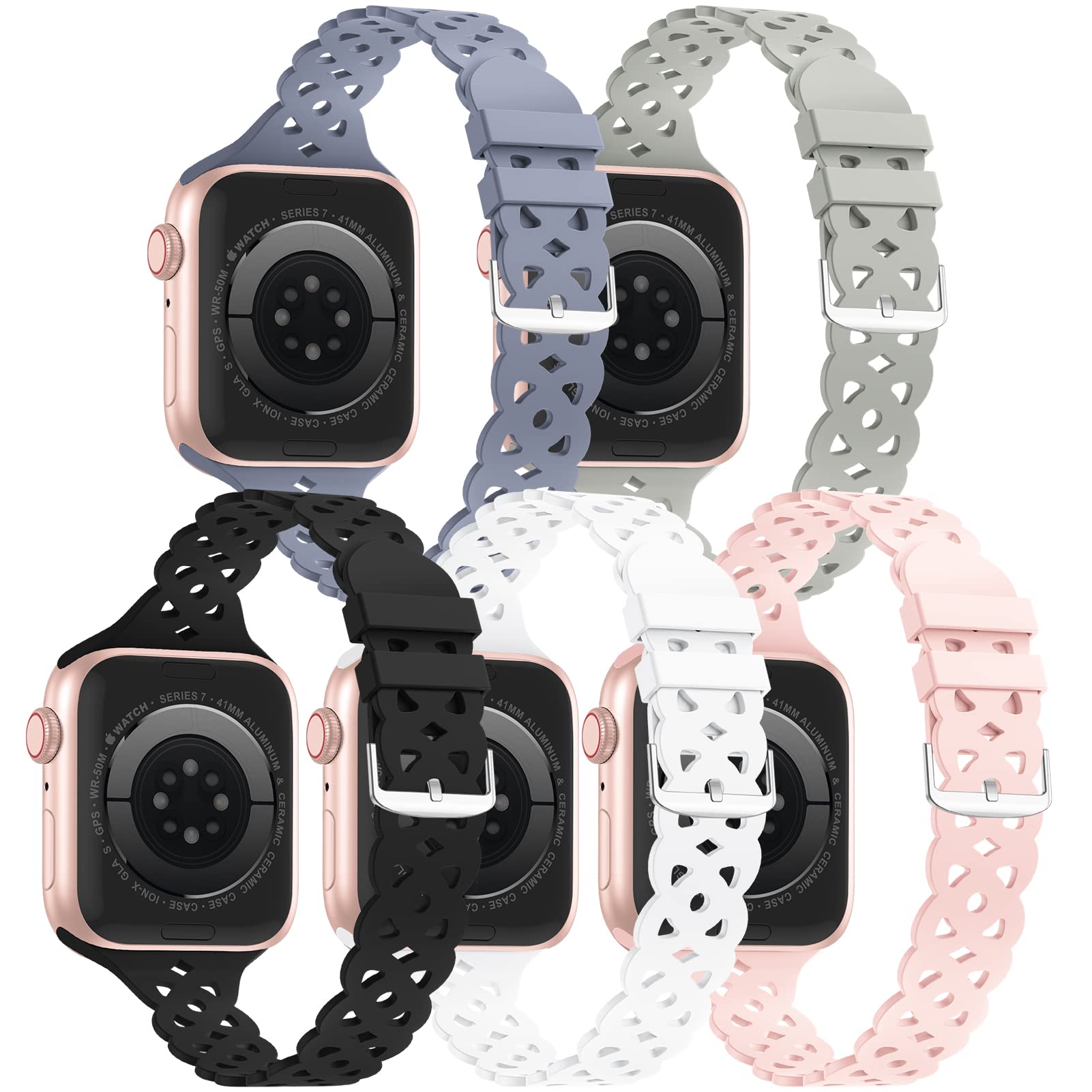 5 Pack Lace Silicone Bands for Apple Watch 38mm 40mm 41mm 42mm 44mm 45mm 49mm - Slim Breathable Sport Replacement Wristbands Compatible with iWatch Series 8/7/6/5/4/3/2/1/SE/Ultra - Perfect for Women's Workout, Running & Daily Wear