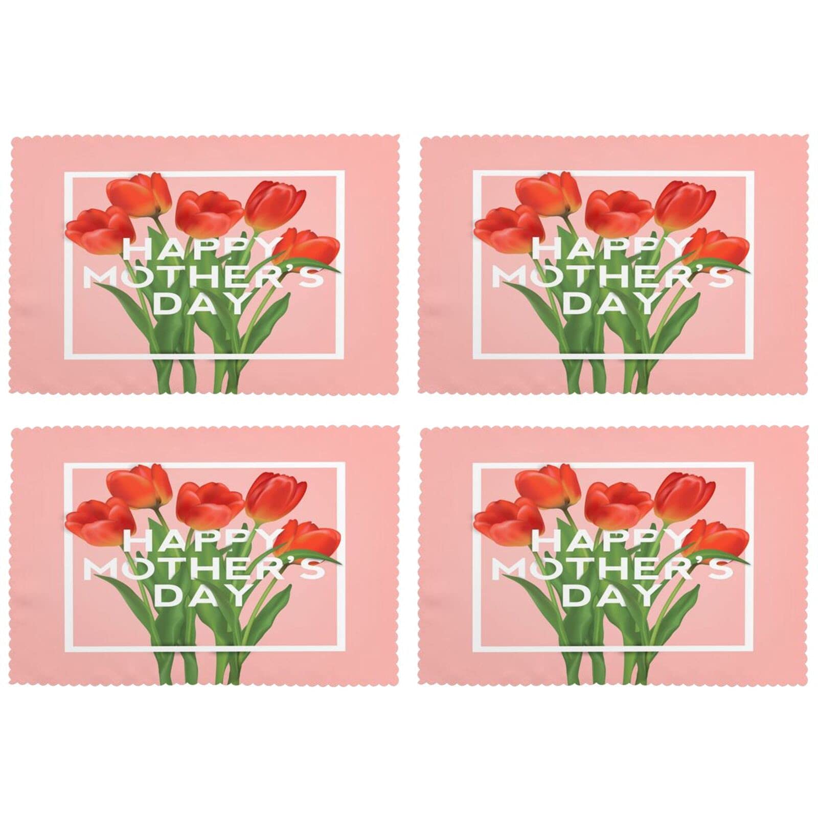 Happy Mother's Day Placemats Set of 4 - Red Tulip Floral Design 12x18 Inch Washable & Heat-Resistant Table Mats for Kitchen Dining - Perfect for Family Meals, Holiday Decor, and Home Entertaining