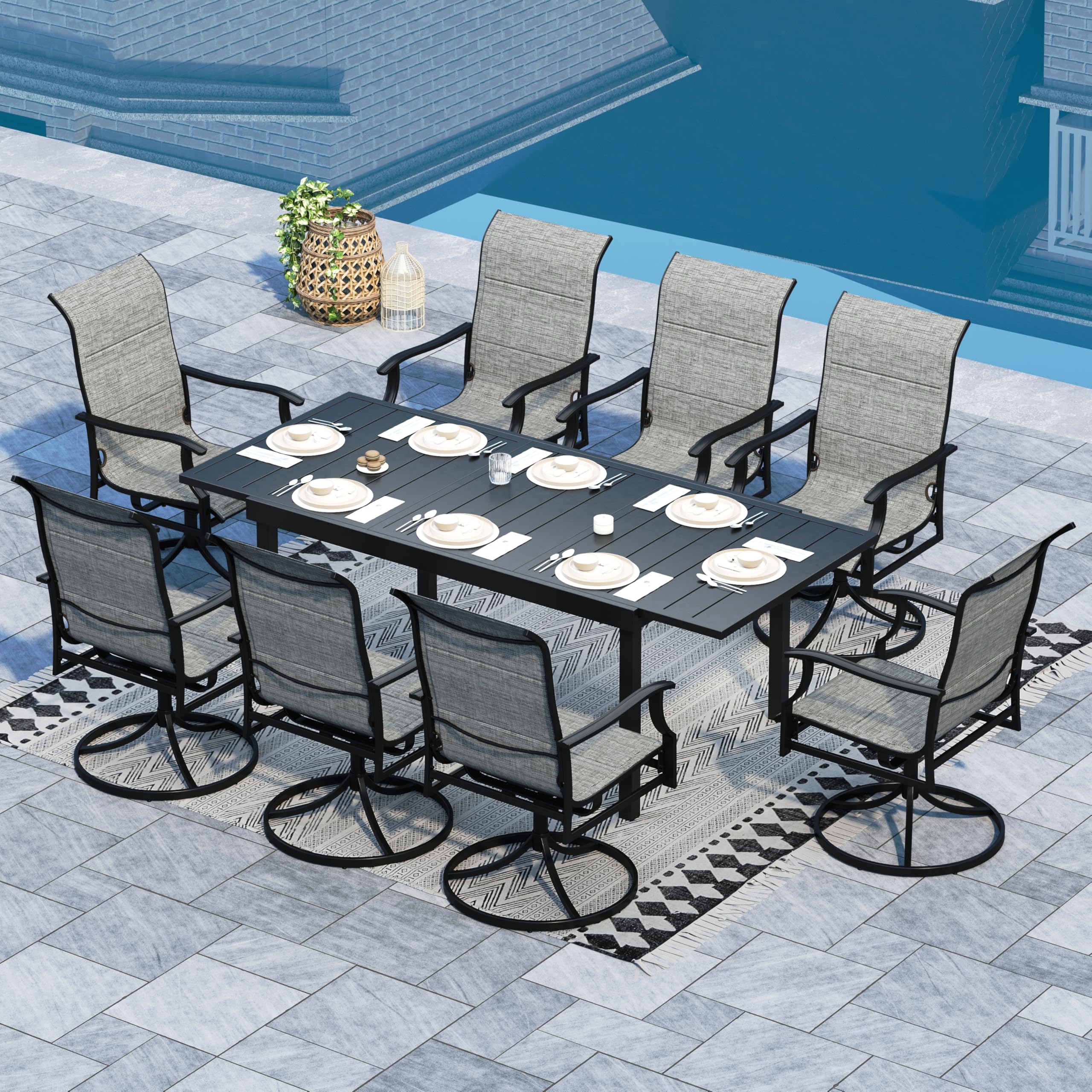 Sophia & William 9-Piece Outdoor Patio Dining Set - 8 Swivel Chairs with Padded Textilene & Expandable 6-8 Person Metal Table - Durable Metal Furniture for Garden, Lawn, Backyard & Poolside Dining