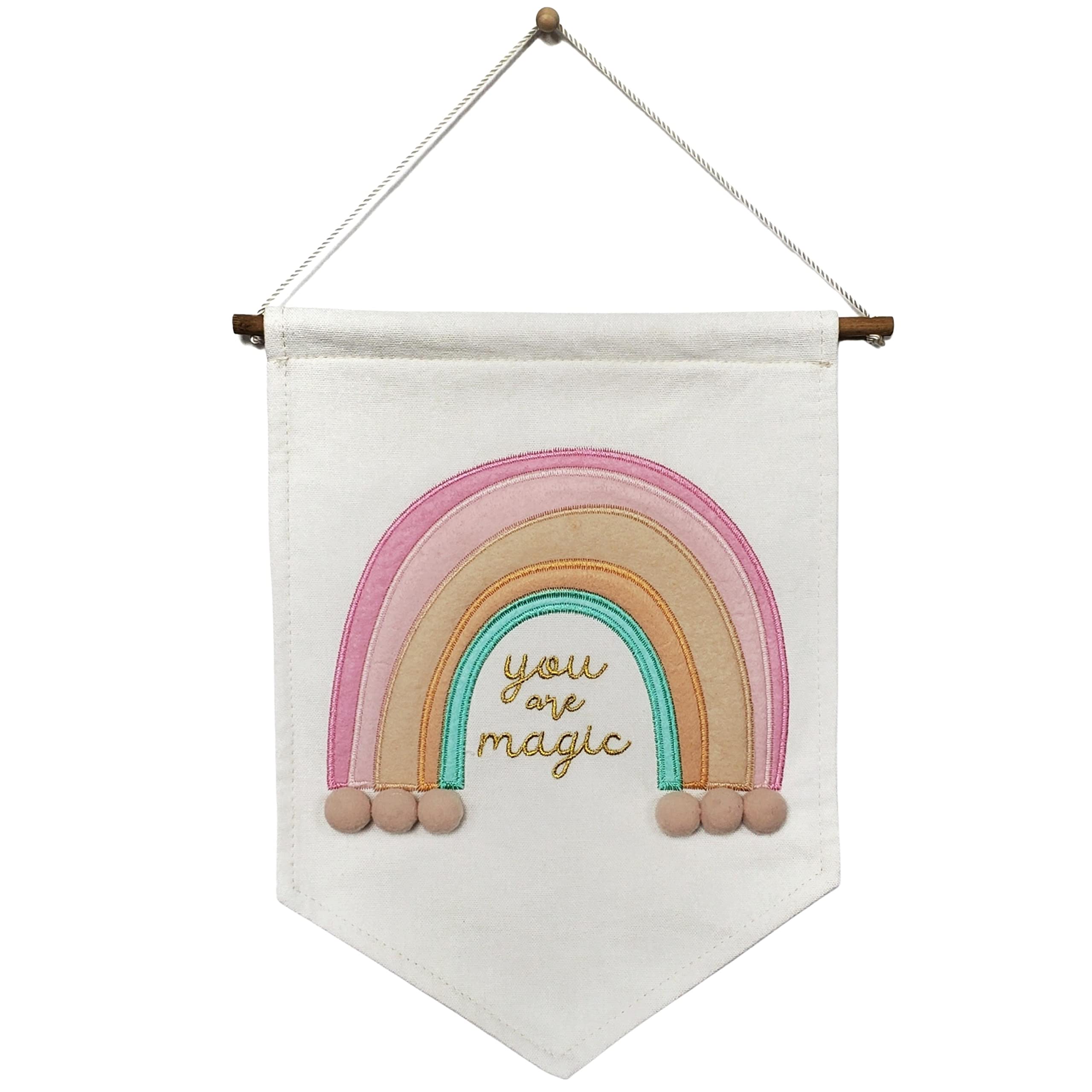 Bon et Beau Magical Rainbow Embroidered Canvas Banner - Wall Decor for Girls Bedroom, Playroom & Nursery | Colorful Kids Room Decor, Birthday Party Backdrop, Whimsical Rainbow Themed Wall Art