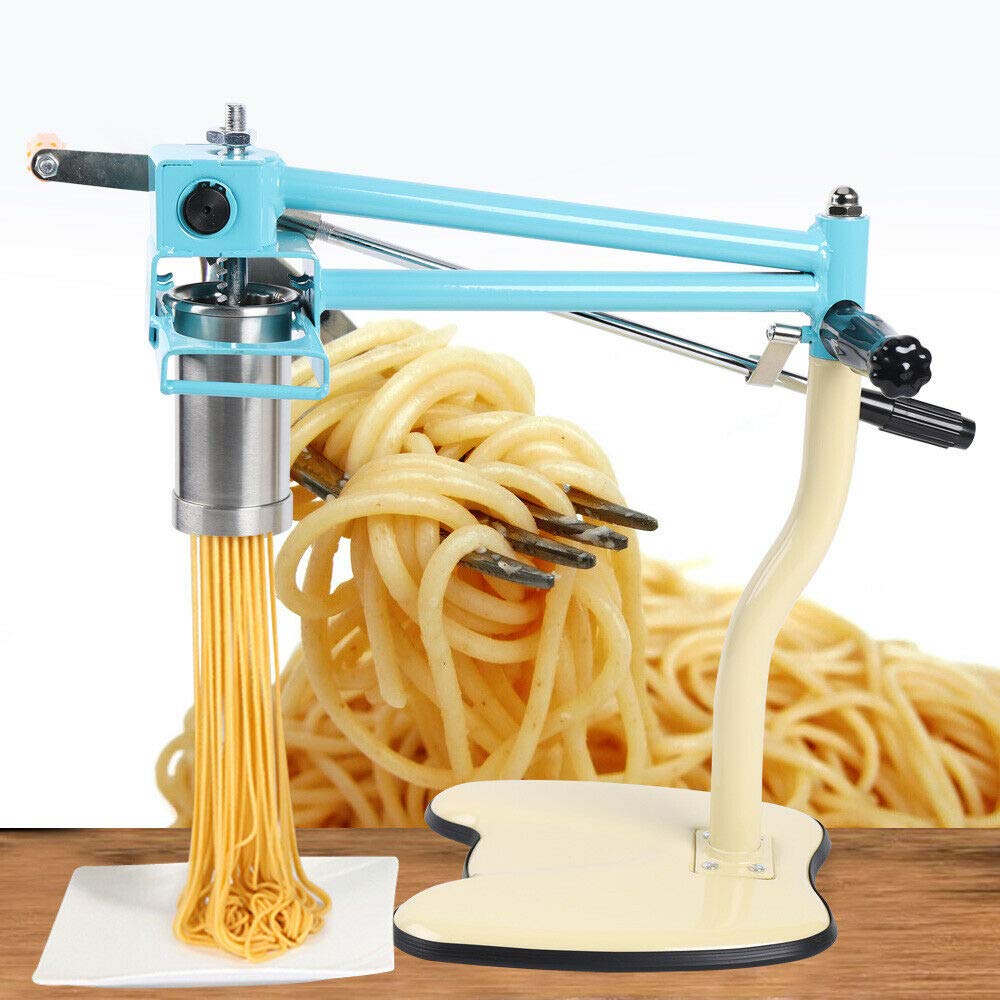 Stainless Steel Pasta Maker Machine with 4 Cutter Heads - Hand Crank Spaghetti Noodle Press for Homemade Fettuccine, Lasagna & More - Perfect for Italian Cooking & Kitchen Countertop Use (Blue)