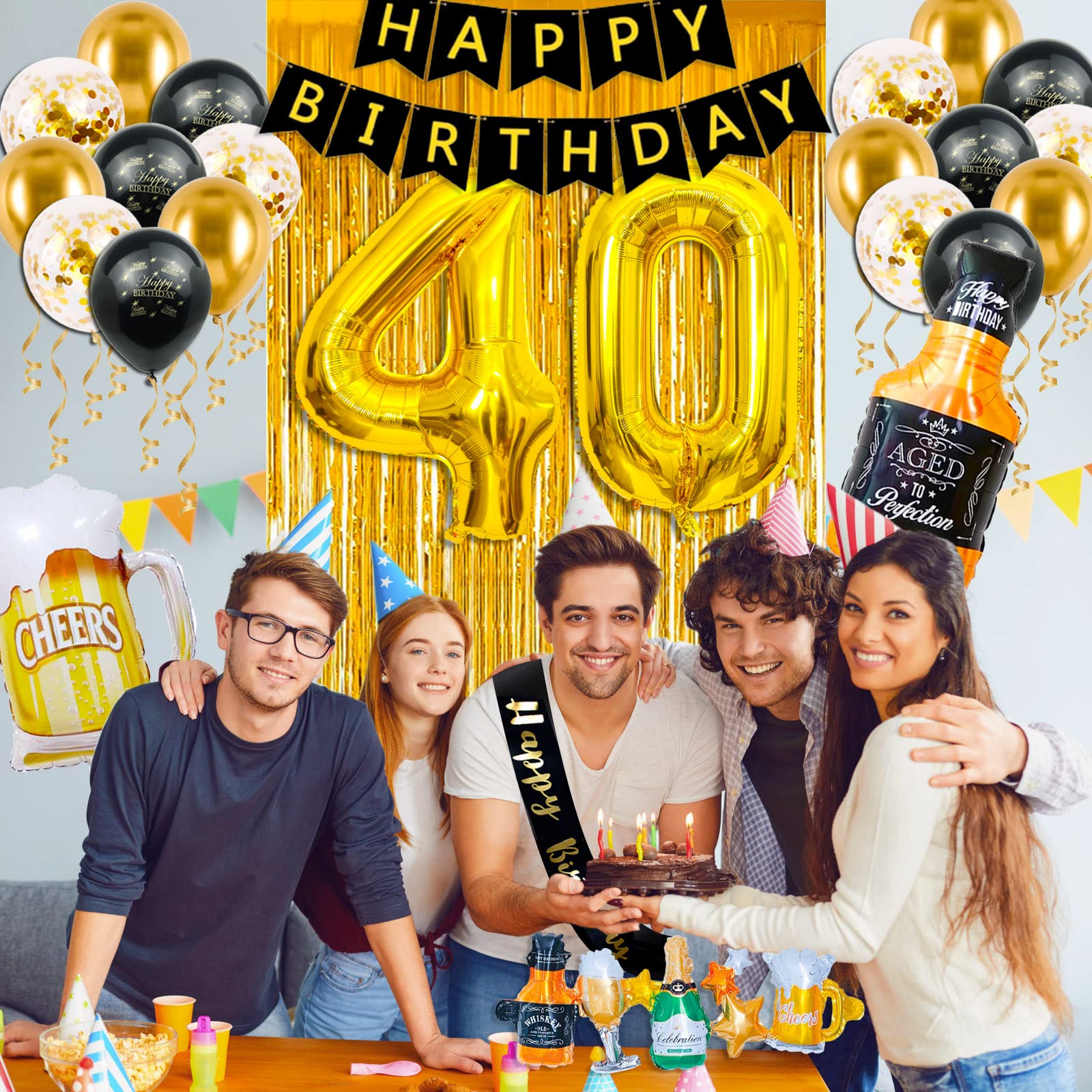Black and Gold 40th Birthday Party Decorations for Men - Happy Birthday Banner, Fringe Curtain, Confetti & Latex Balloons Set - Perfect for Milestone Birthday Celebrations, Retirement Parties & Surprise Decor