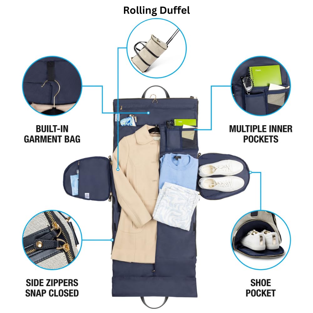 Kendall Convertible Rolling Duffel Carry On Bag with Wheels & Handle - Travel Garment Weekender with Shoe Pouch | Perfect for Business Trips, Weekend Getaways & Airplane Carry-On Luggage