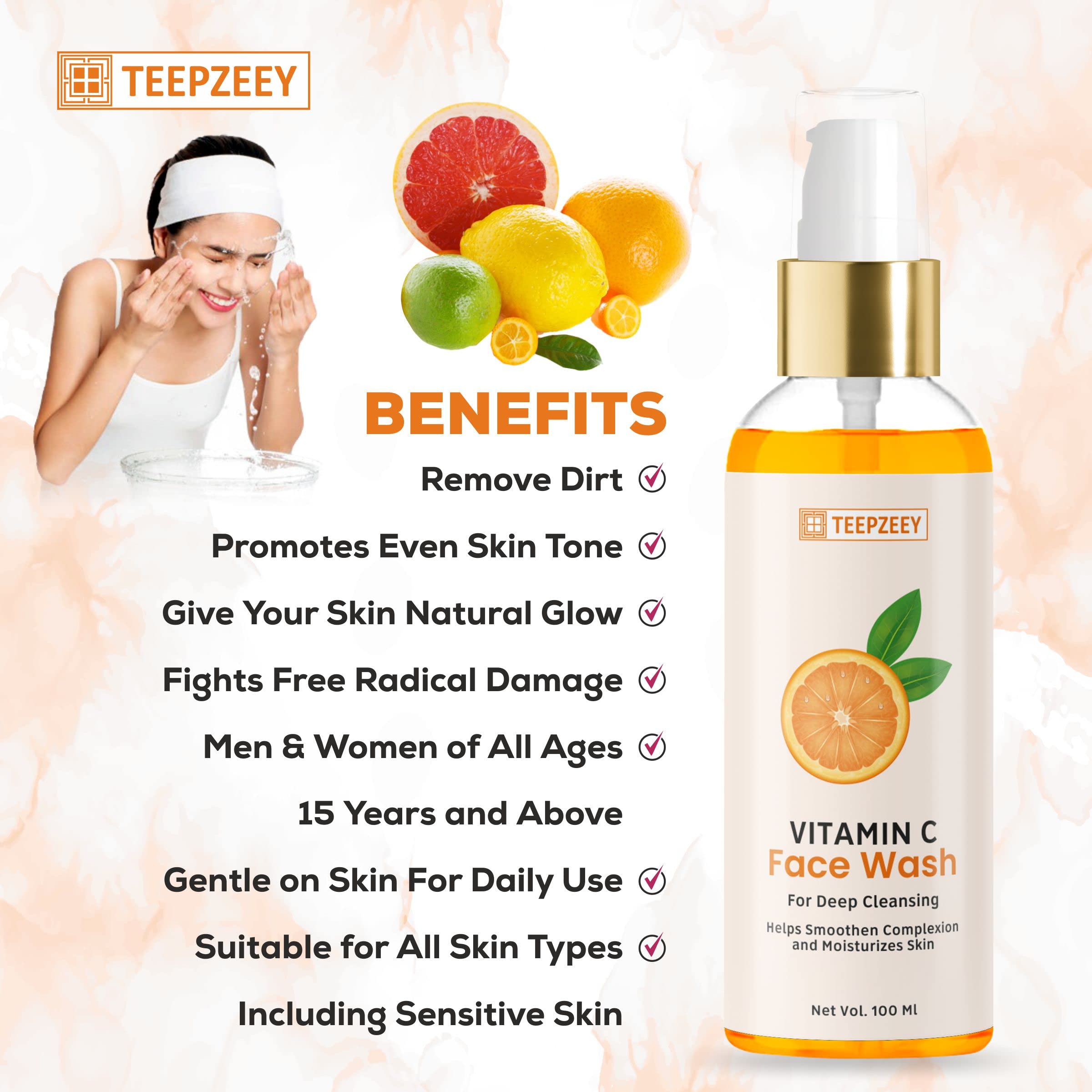 Teepzeey Salicylic Acid Face Serum for Acne, Blackheads & Open Pores (40ml) & Vitamin C Face Wash for Deep Cleansing (100ml) - Skincare Combo for Clear, Glowing Skin - Perfect for Daily Acne Treatment & Brightening Routine