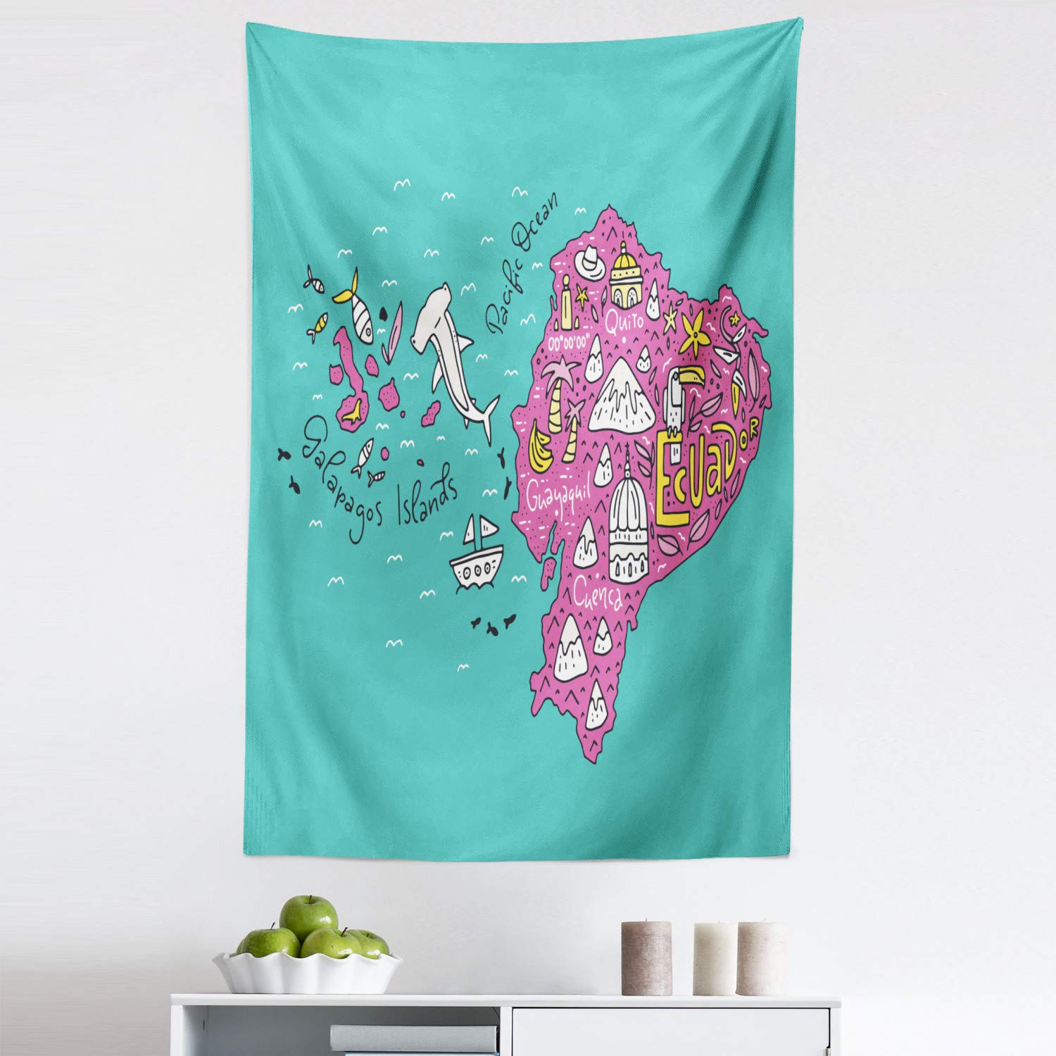 Ambesonne Ecuador Map Tapestry - Colorful Doodle Design Fabric Wall Hanging Decor for Bedroom, Living Room, Dorm - 30