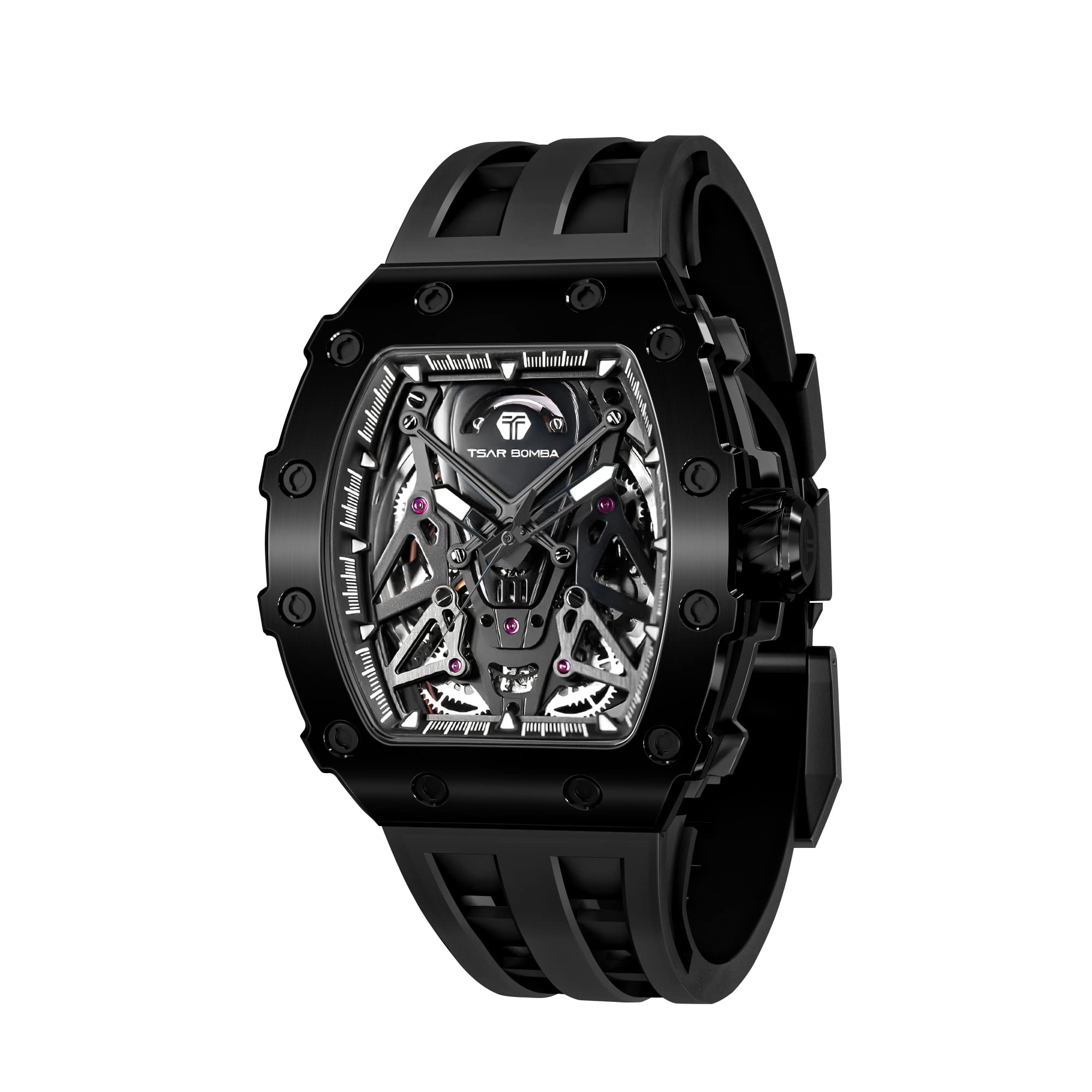 TSAR BOMBA Men's Luxury Automatic Skeleton Watch - Silver Tonneau Square Big Face with Silicone Strap, 50M Waterproof Analog Watch for Business & Casual Wear - Perfect for Office, Date Night & Special Occasions