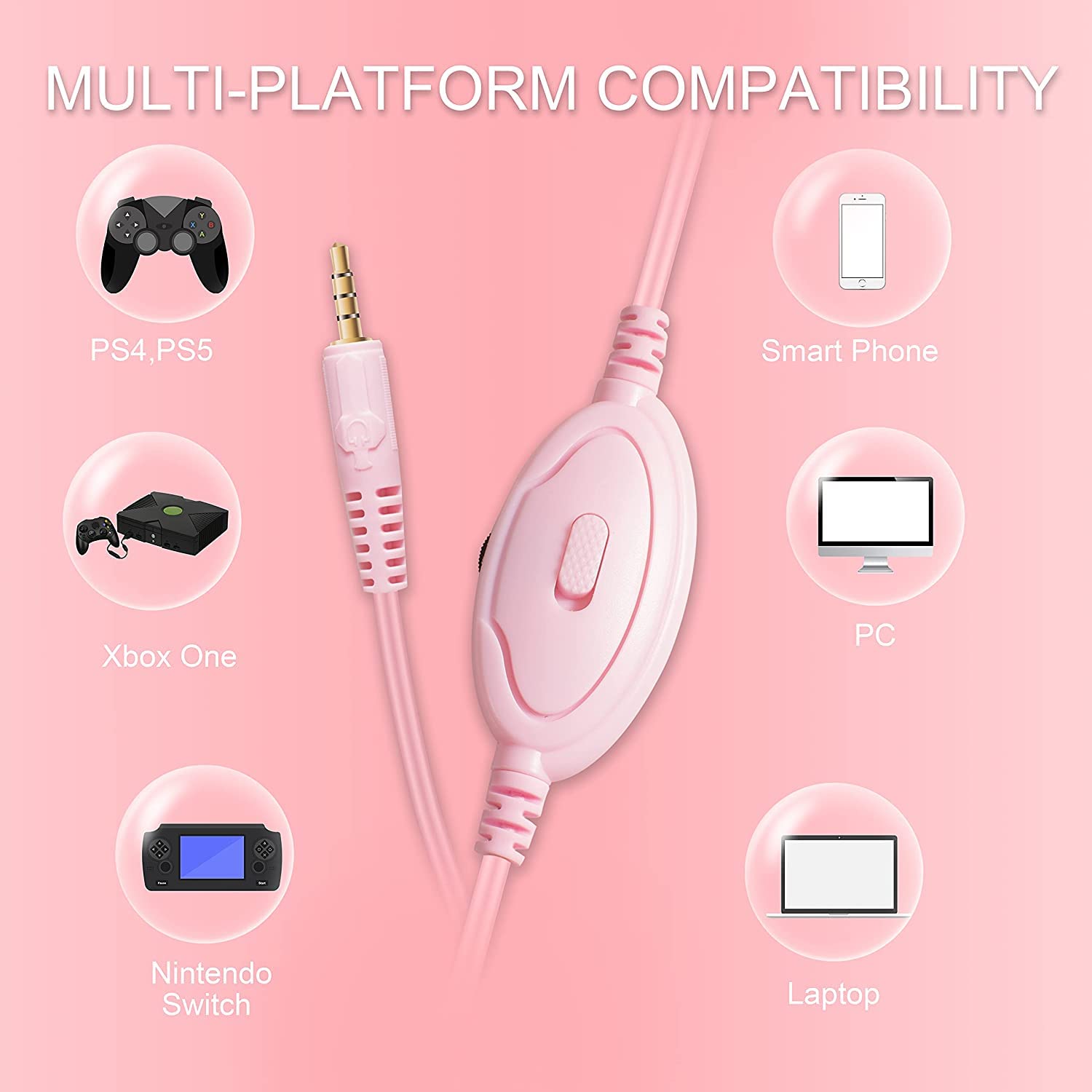 Pink Gaming Headset with Noise Cancelling & Bass Surround - Compatible with Nintendo Switch, Xbox One, PS4, PS5, PC, Laptop, iPad & Smartphones - Adjustable Over-Ear Wired Headphones with Flexible Mic - Perfect for Gaming, Streaming & Online Classes