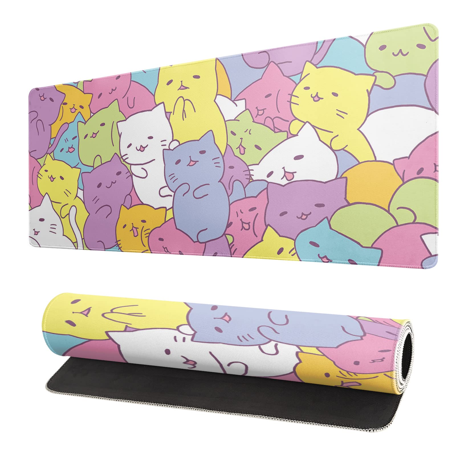 Cute Kawaii Cat Gaming Mouse Pad - Extra Large Non-Slip Rubber Base Desk Mat for Computer Keyboard & Mouse (31.5
