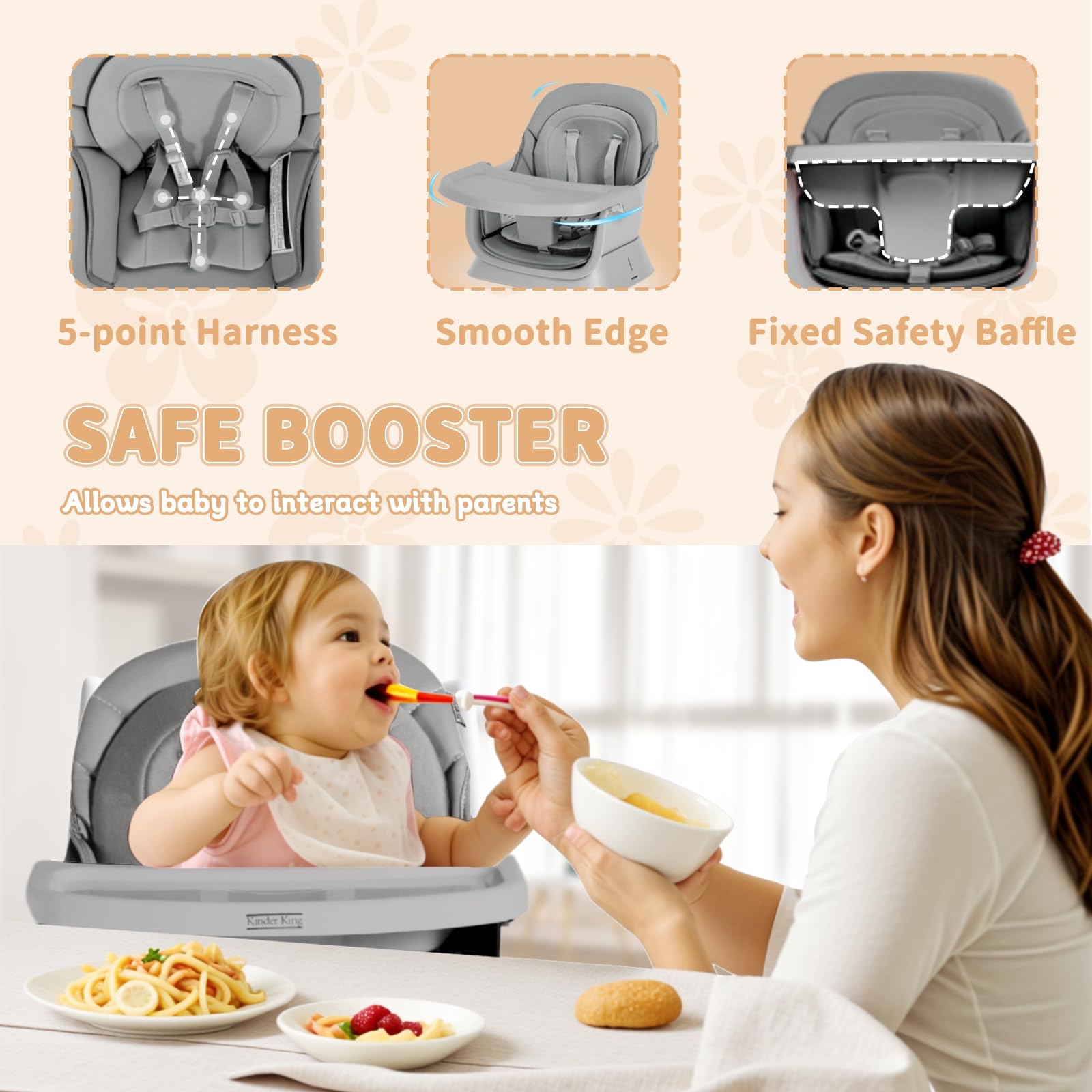 Kinder King 8-in-1 Convertible Baby High Chair - Dining Booster Seat, Kids Table & Chair Set, Toddler Building Block Table with Removable Tray & Washable Seat Covers (Grey & White) - Perfect for Mealtime, Playtime & Learning Activities at Home or Daycare
