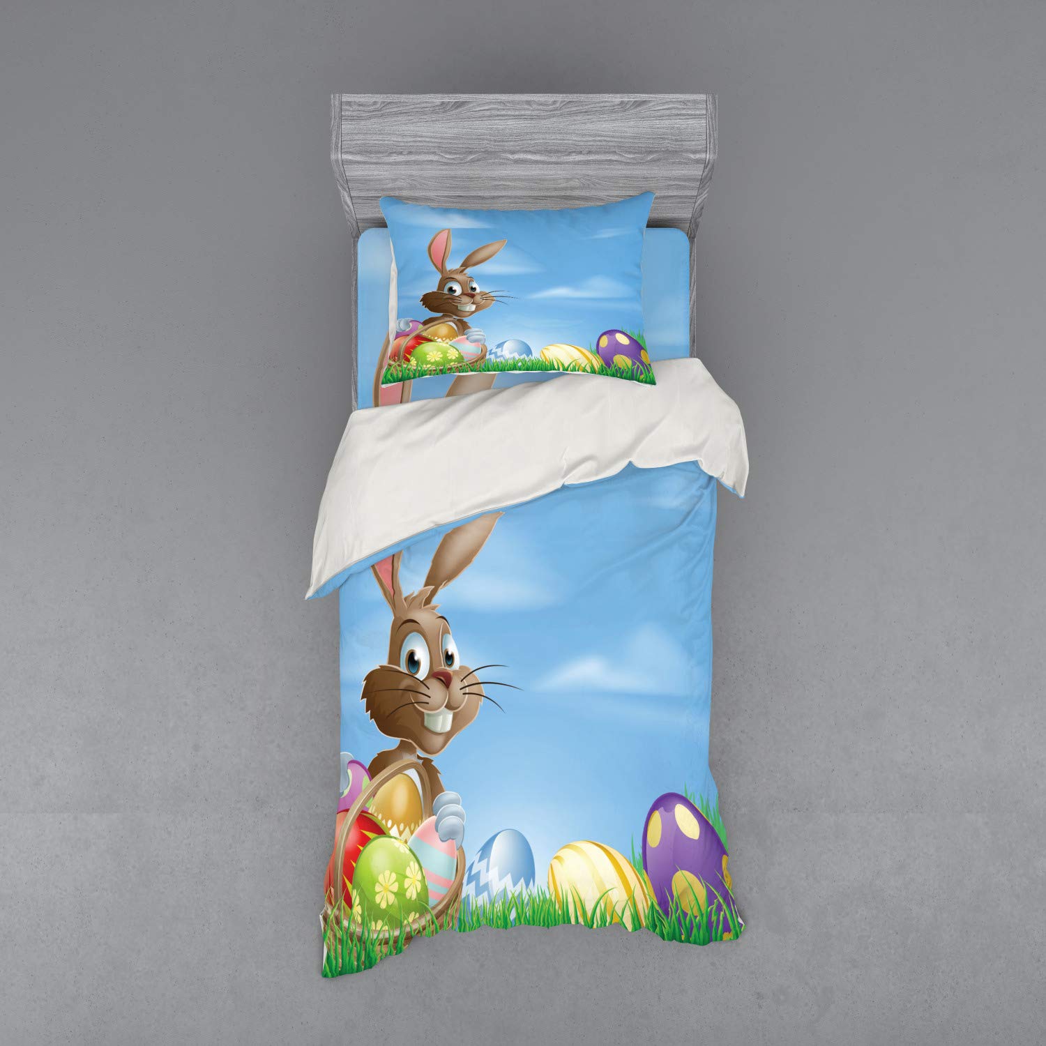Ambesonne Easter Duvet Cover Set - Colorful Painted Easter Eggs with Dots, Chevron, Zigzags & Stripes in Basket Cartoon Bunny Design, 3-Piece Twin Size Bedding Set with Pillow Sham & Fitted Sheet - Perfect for Easter Decorations, Spring Bedroom Makeover & Holiday Gift