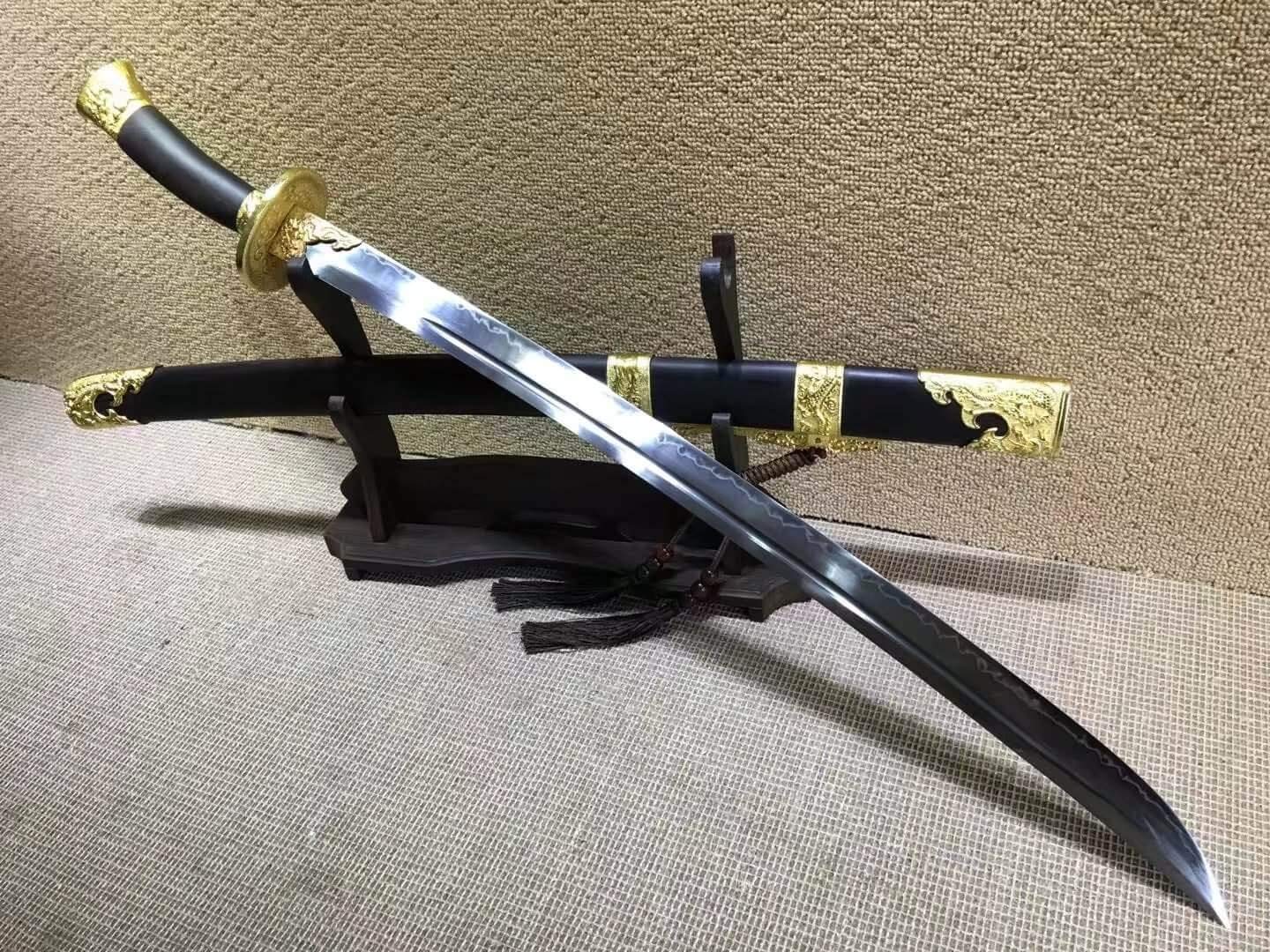 Hand Forged Chinese Broadsword - Pattern Steel Blade with Alloy & Black Wood Handle - Heat Tempered Sword for Martial Arts Training, Cosplay & Collectors