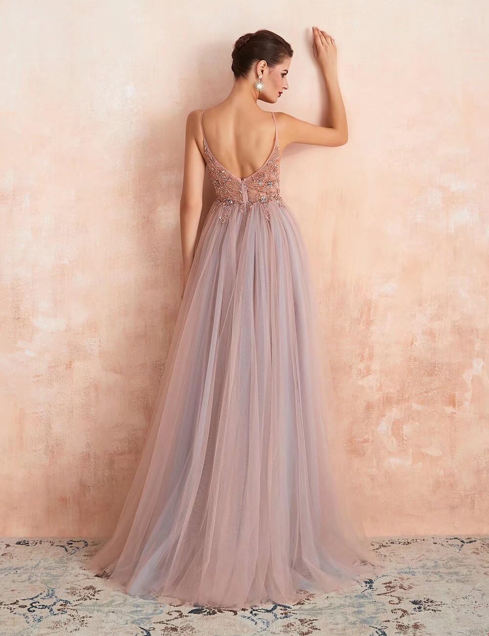 2024 Beaded Prom Dresses for Women - Sexy Long V-Neck Tulle Evening Gown with Crystal Embellishments & High Slit | Perfect for Homecoming, Formal Parties & Special Occasions