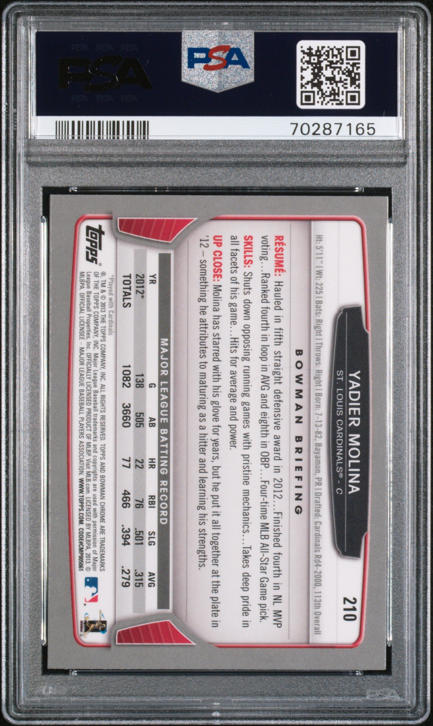 2013 Bowman Chrome Yadier Molina #210 PSA 10 Gem Mint Baseball Card - Perfect for Collectors & Sports Memorabilia Displays