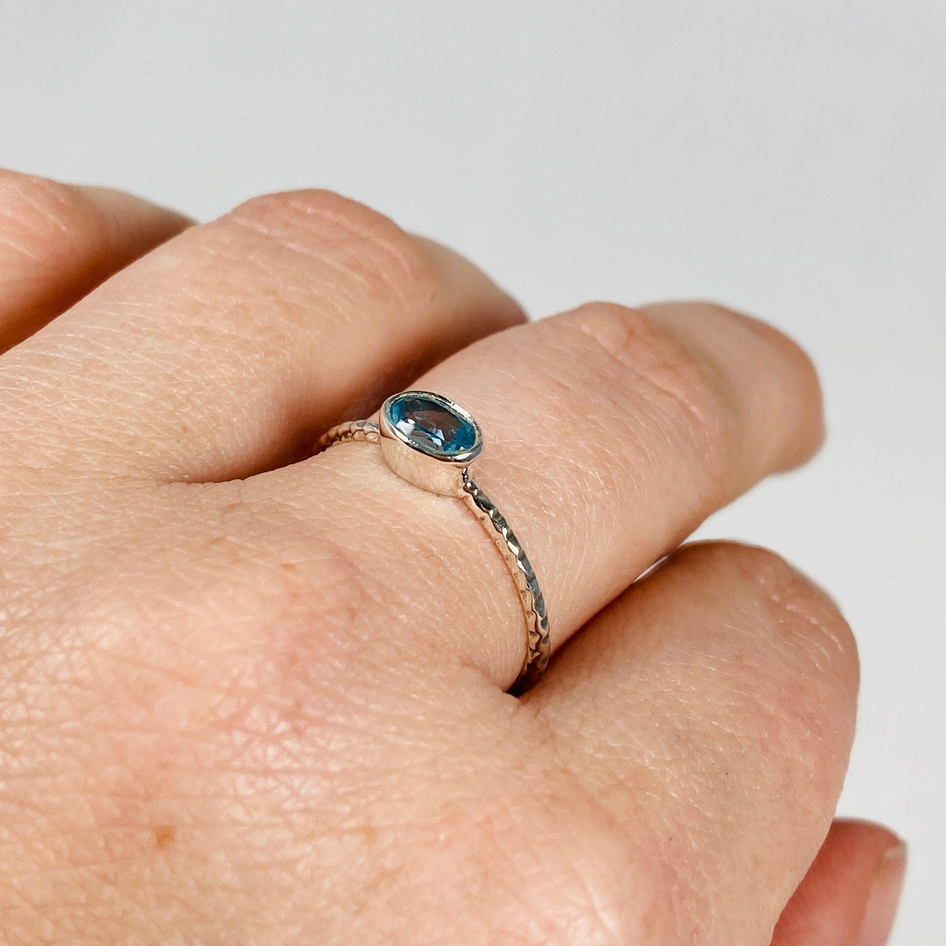 Blue Topaz Oval Faceted Sterling Silver Fine Band Ring - Size 7.5 - Elegant Birthstone Jewelry for Women - Perfect for Anniversary Gifts & Special Occasions