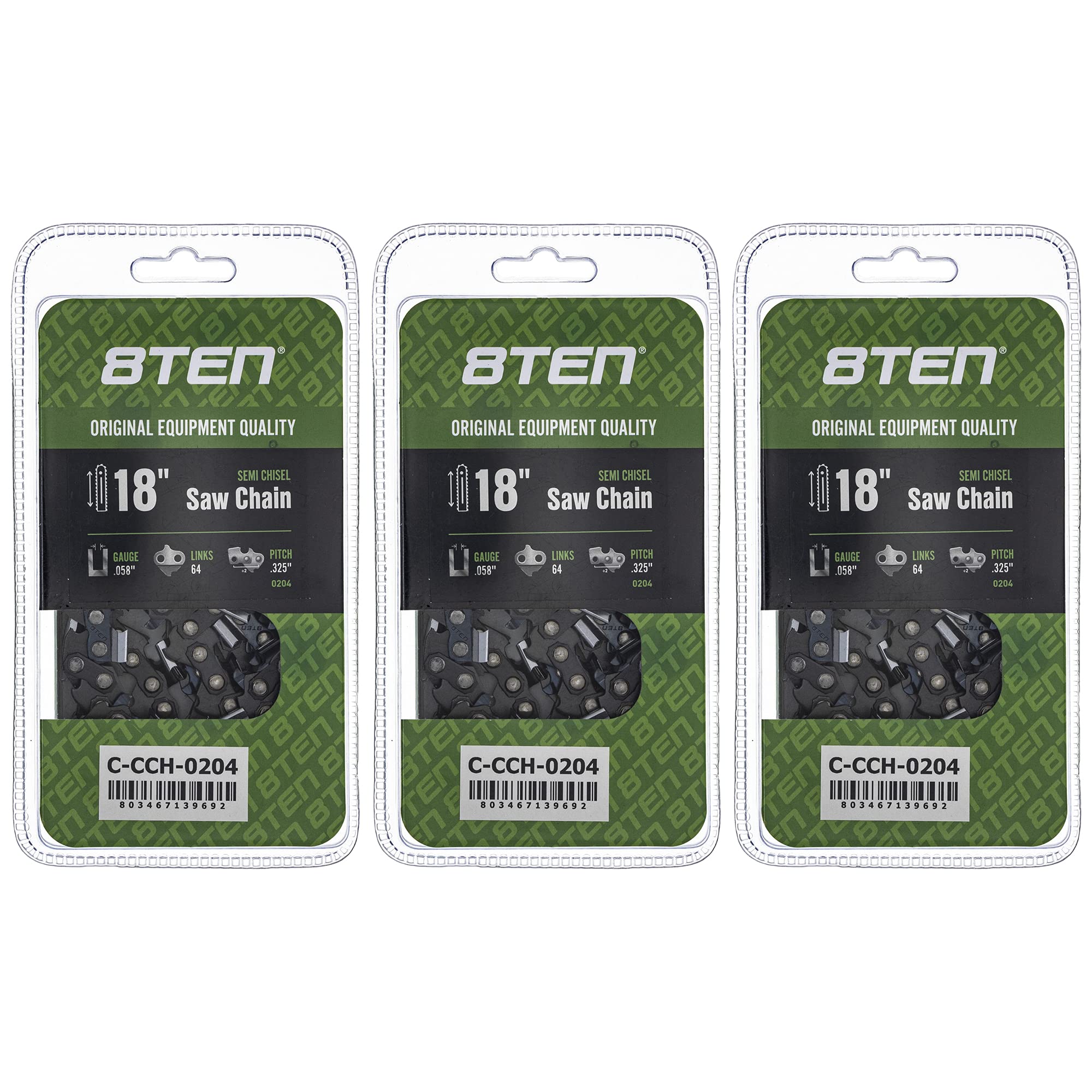 8TEN Semi Chisel Chainsaw Chain 18 Inch .058 .325 64DL 3 Pack - Professional Grade Chainsaw Replacement Parts for Wood Cutting, Tree Trimming and Firewood Processing