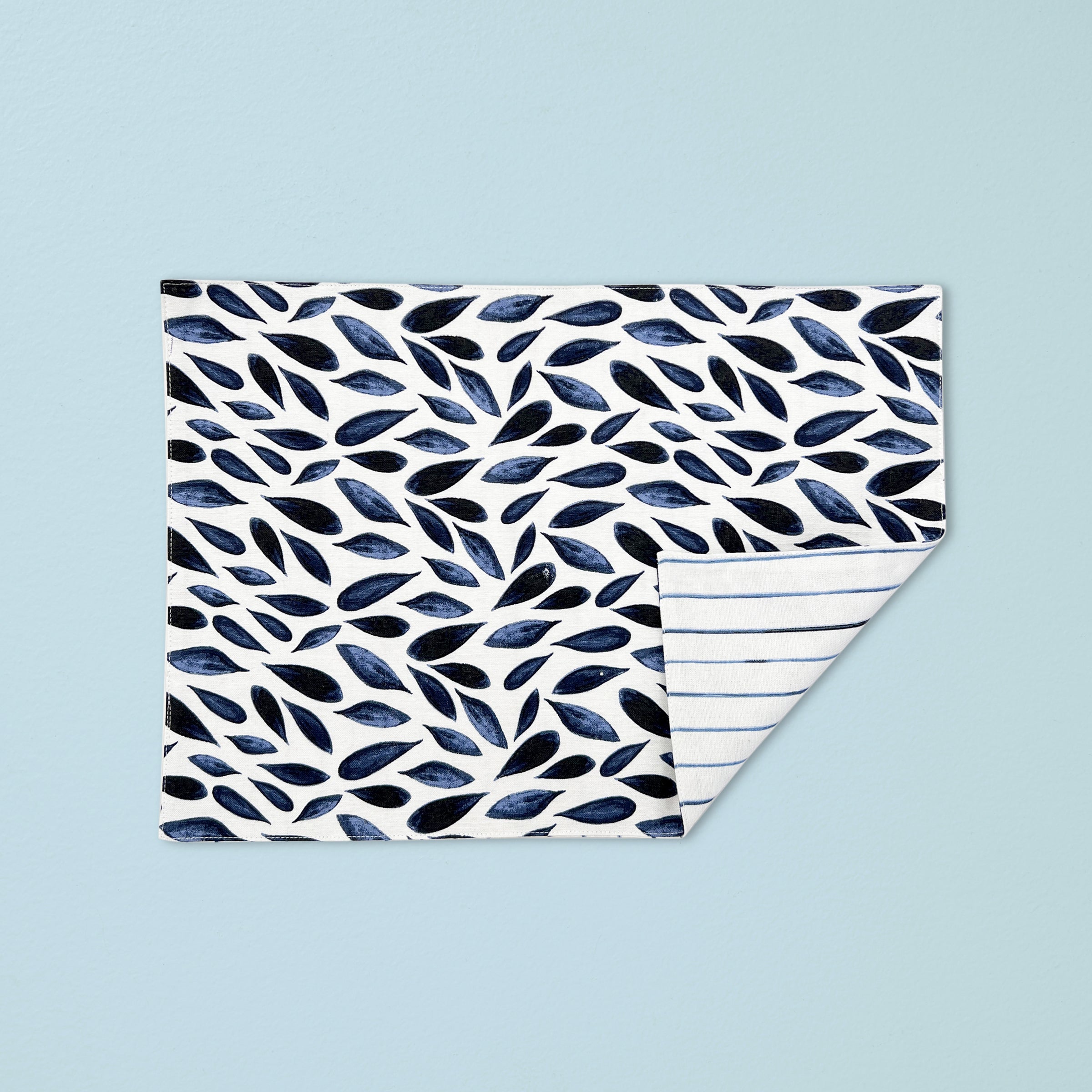 Blue Bay Leaf & Stripe Reversible Placemat Set - Waterproof & Heat Resistant Table Mats for Dining, Kitchen, or Party Decor (Set of 4)